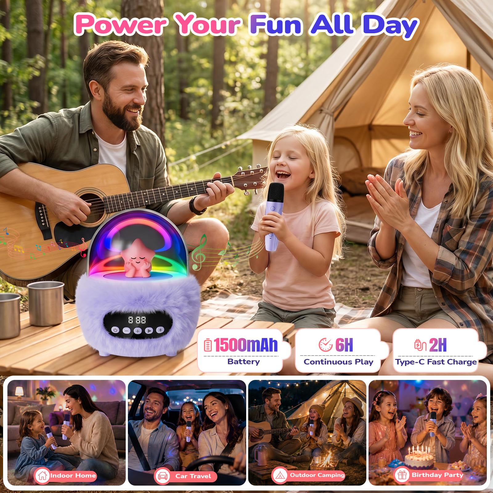 Macchina per karaoke per bambini con 2 microfoni: altoparlante Bluetooth portatile senza fili con luci RGB da discoteca, 4 effetti vocali, giocattolo cantante di compleanno per ragazze e ragazzi dai 3