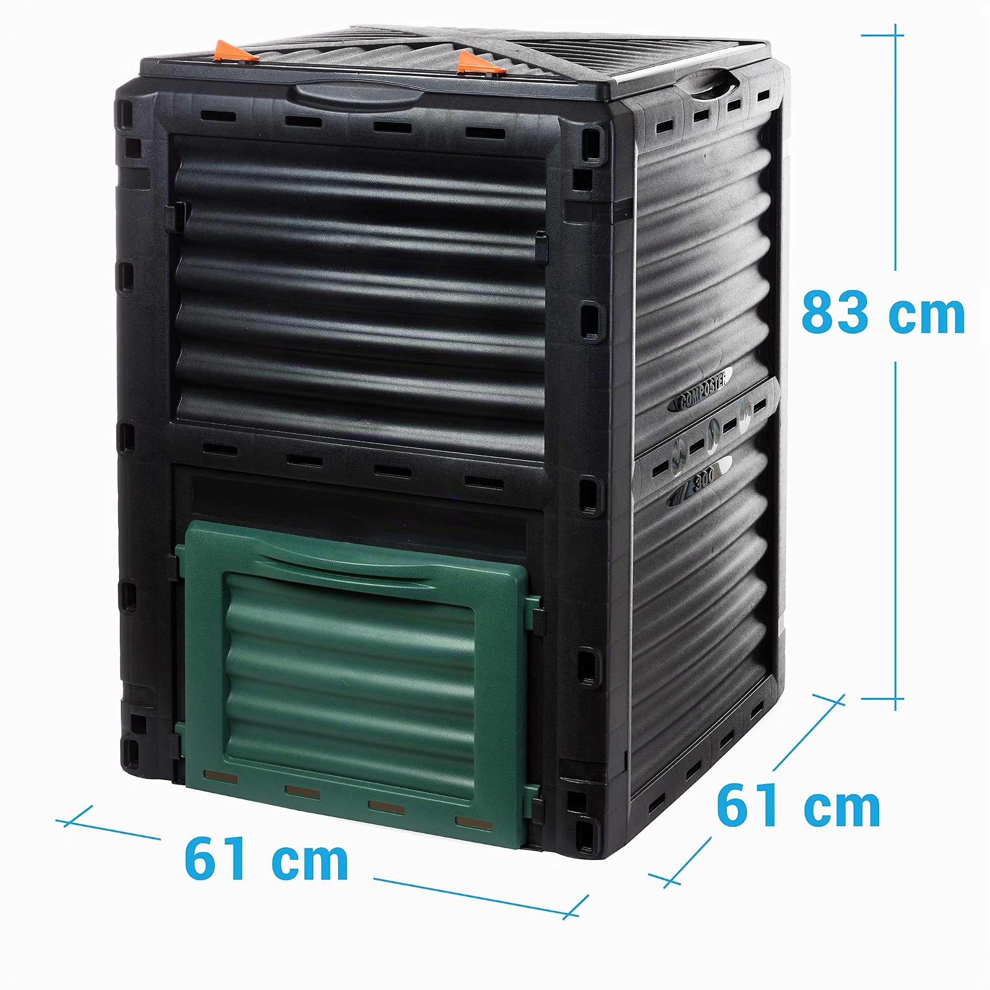 Compostiera modello Eco, compostiera rapida in plastica resistente, con coperchio ribaltabile, 300 litri (H83 x 61 x P61 cm), compostiera termica per rifiuti da giardino e cucina compost, 100%