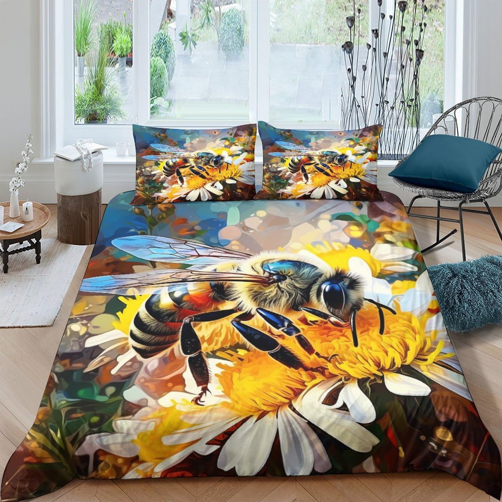 Housse de couette abeille 3D King anti-plis et hypoallergénique facile à laver