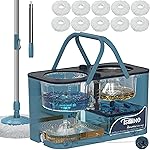 Gen 1 Large-Capacity Spin Mop and Bucket - for Big Homes & Deep Cleaning Days,4-Chamber System Separates Dirty & Clean Water, 2-GAL Heavy-Duty Design with Wheels & 10 Refill Mop Heads - Blue/Grey