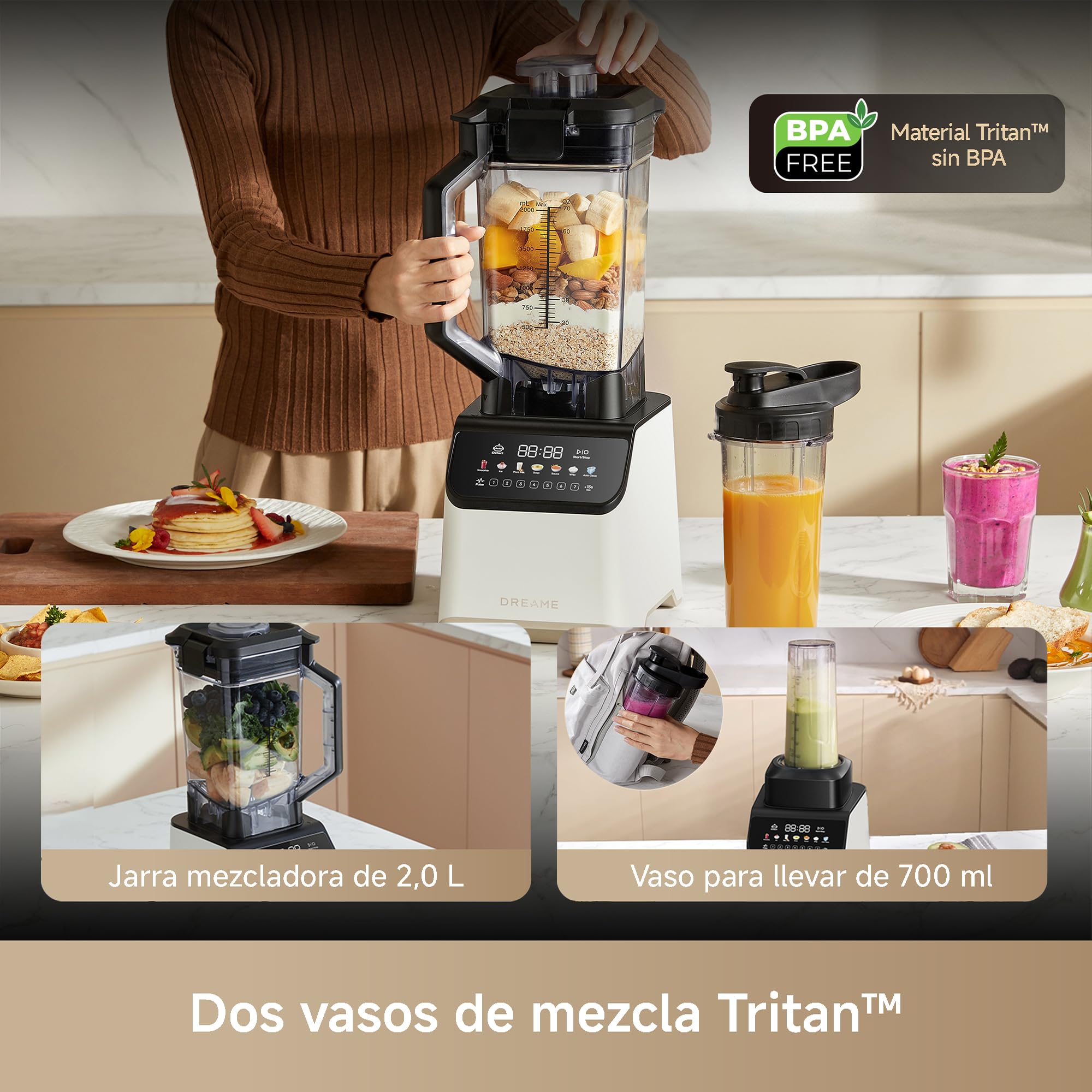 DREAME BlendLogic Blanco, Batidora de Vaso, Tecnología IDetect | 2 Vasos de Tritán (2,0 L + 700 ml), Potente Motor de 2000 W, 9 Programas Inteligentes, Programa de Autolimpieza
