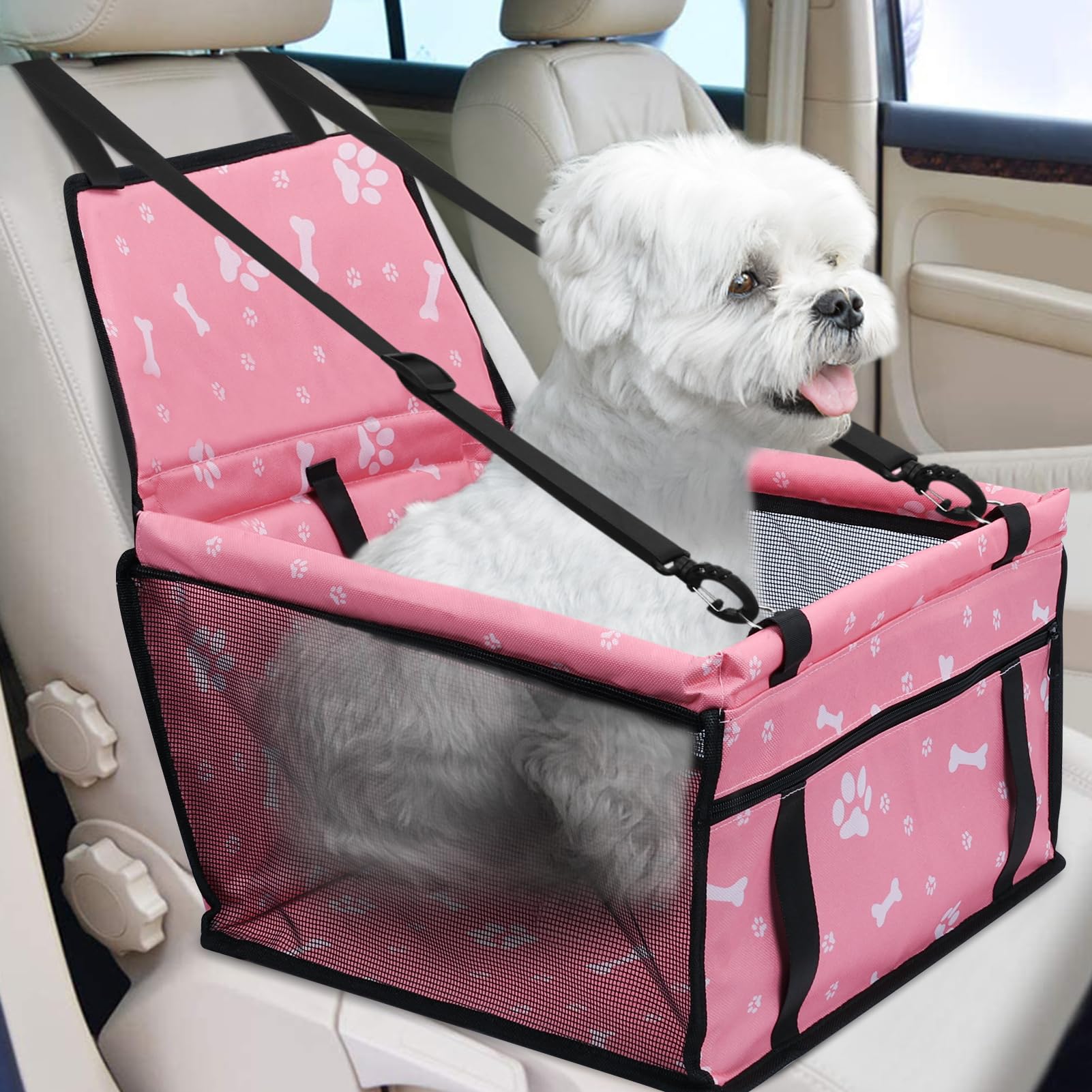 PetsHome Dog Car Seat Foldable Dog Car Booster Seat Waterproof Breathable Oxford Travel Bag for Small to Medium Dogs, Puppies, and Pets-Pattern Pink