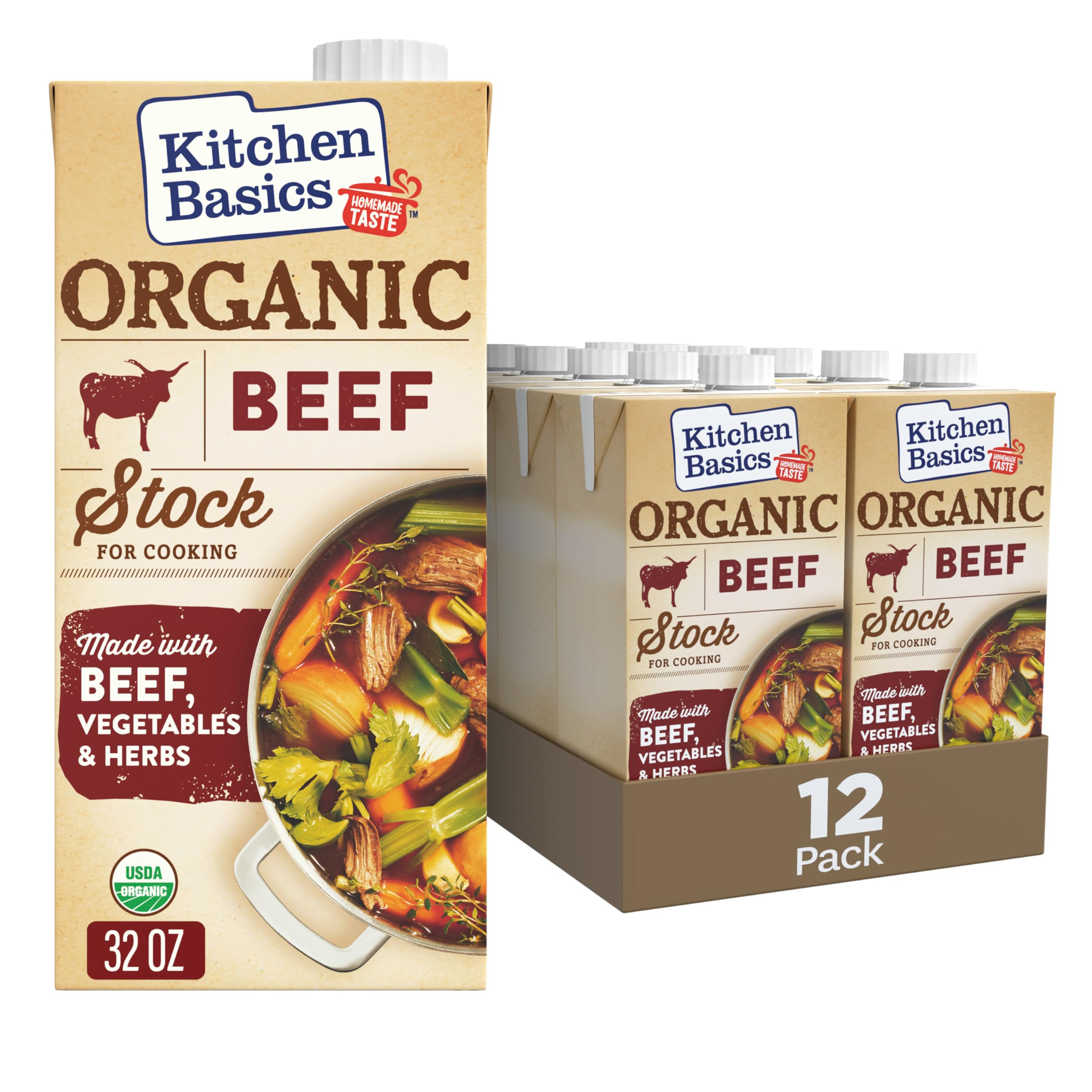 Kitchen Basics Organic Beef Stock, 32 oz. Carton (Pack of 12) Enrich the Flavor of Broth, Pot Roast, Chili and Soups, Perfect for Stocking Up