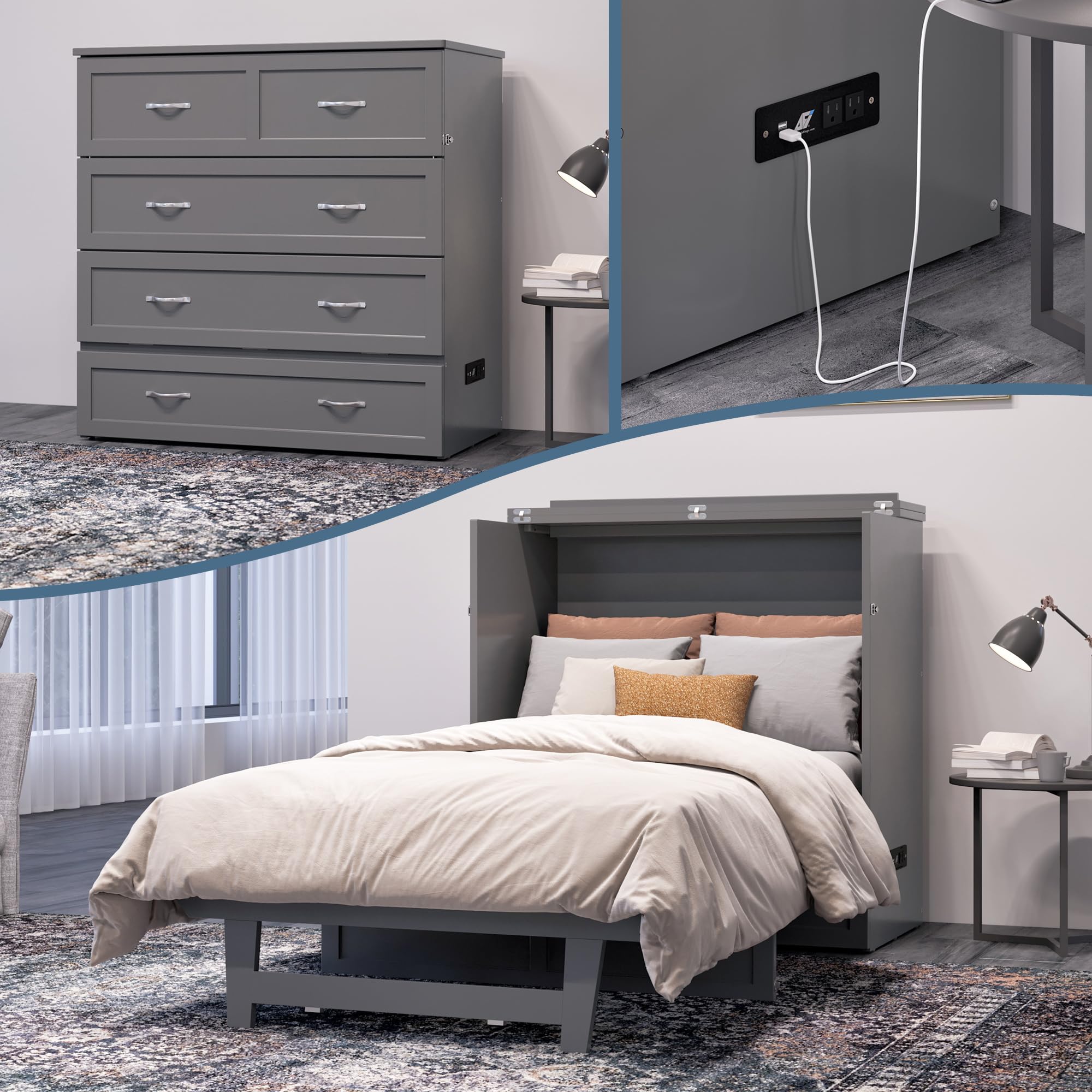 AFI, Northfield Murphy Bed Chest Twin XL with 6" Mattress, Storage Drawer & Built-in USB Charger, Grey
