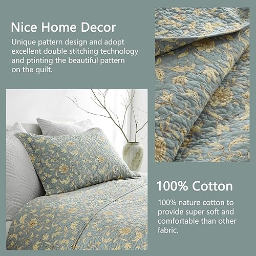 Miniatura 4 de Finlonte Colchas tamaño Queen 100% algodón ligero suave Queen Colcha Vintage Botánico Acolchado Colcha Azul Edredón Beige Floral Reversible Juego de