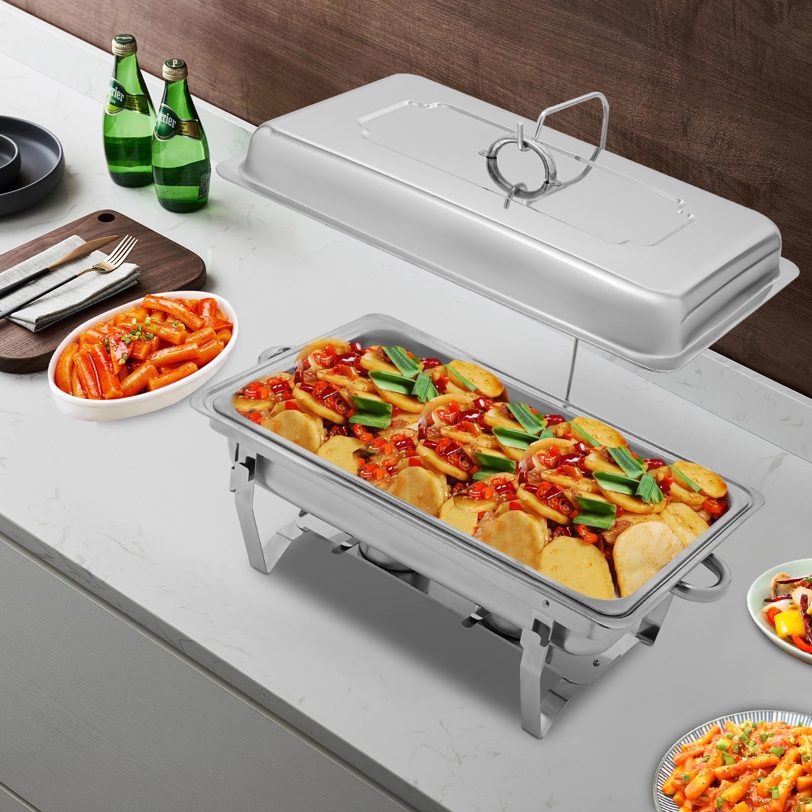 Scaldalibi da 9 l, contenitore termico in acciaio inox, telaio pieghevole in acciaio inox, set da buffet argentato, rettangolare, per catering buffet e feste (1 vassoio)