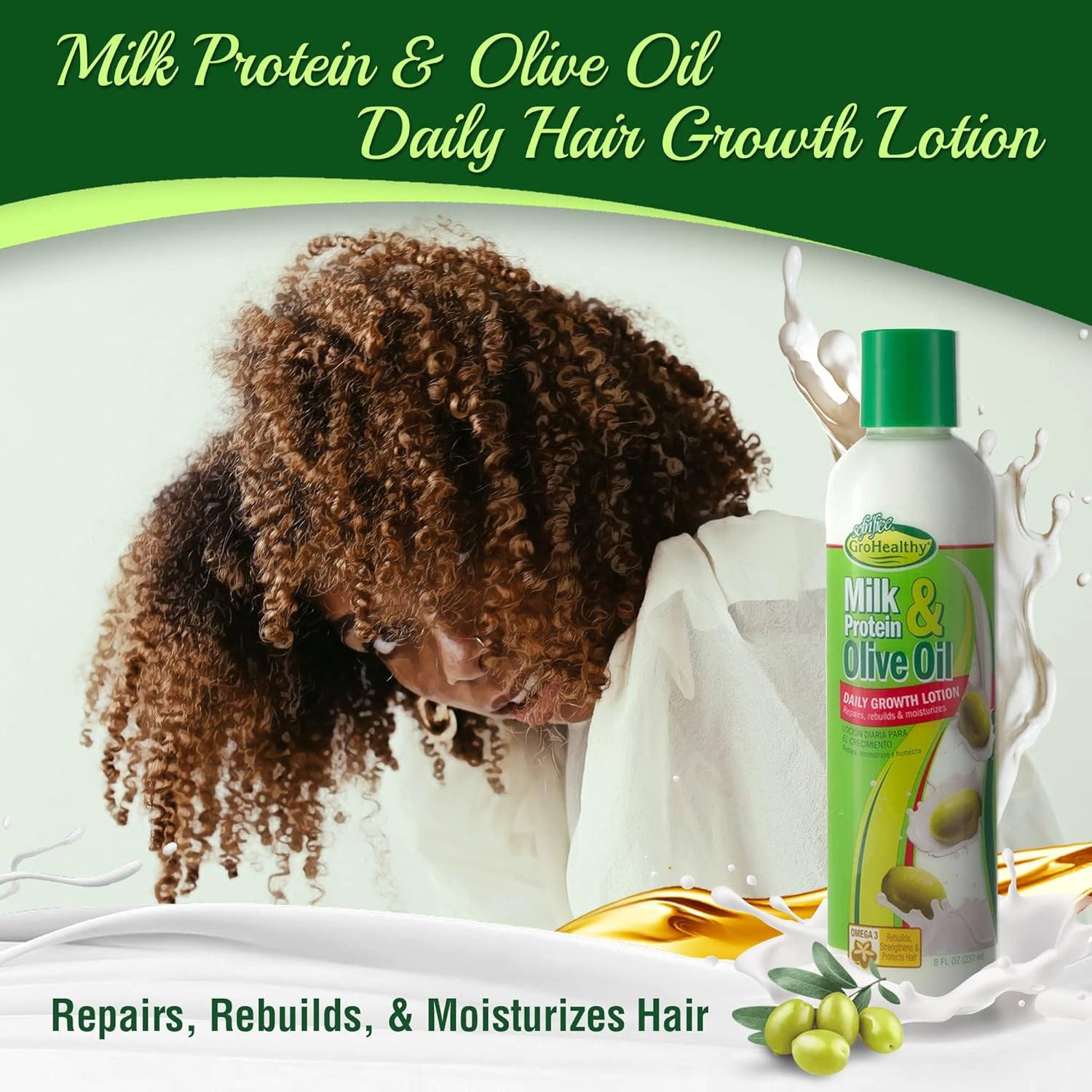 Milk Protein & Olive Oil Daily Hair Growth Lotion Repairs, Rebuilds, Moisturizes and Promotes Growth for Soft, Healthy, Manageable Hair - Sofn’Free GroHealthy - Single