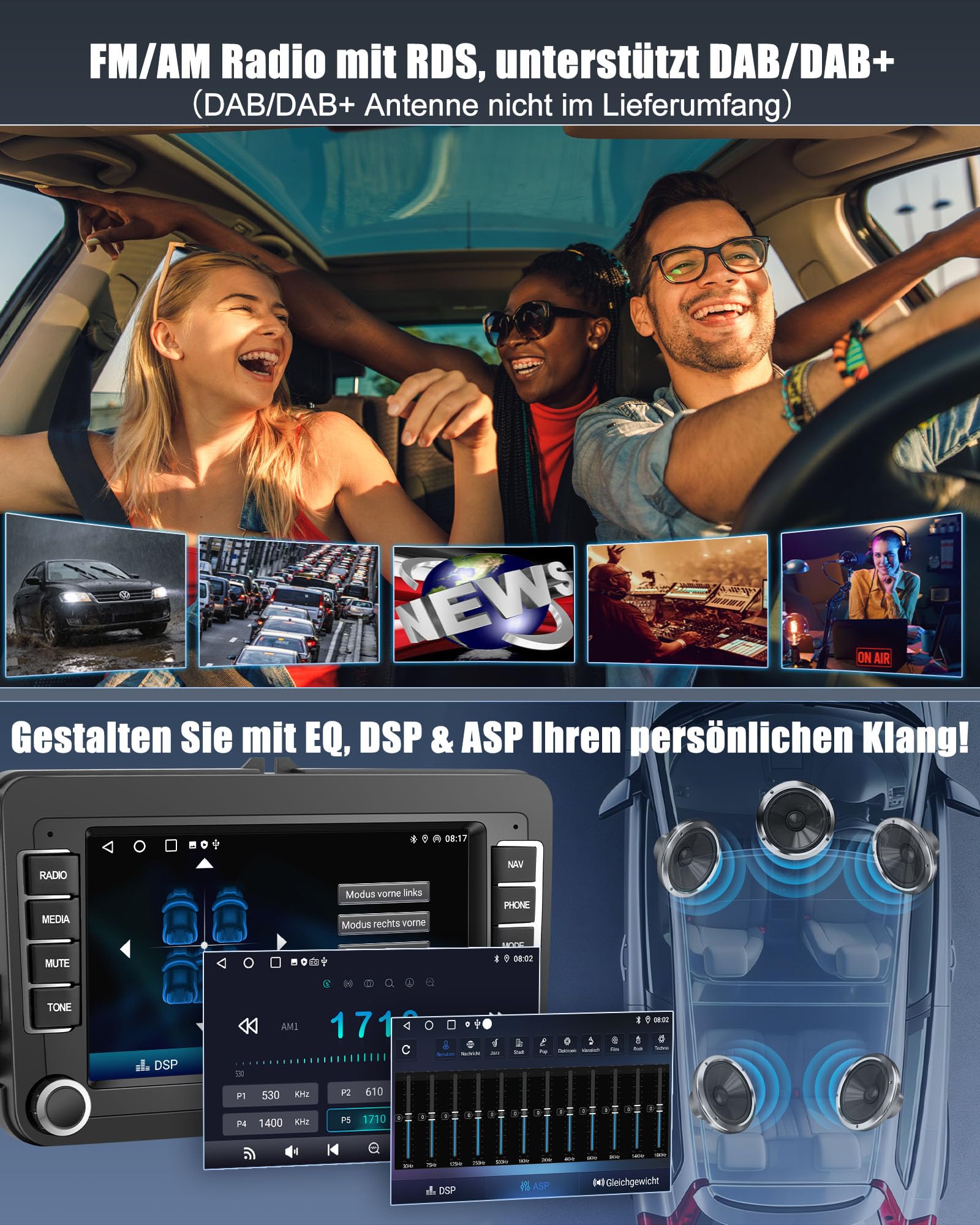 Lehwey Bluetooth Autoradio mit Bildschirm für Golf 5 6 VW Polo T5 Passat Touran Seat mit Navi WLAN FM/AM, Apple Carplay, Android Auto, Lenkrad Strg, 2Din Android 14 Dab Auto Radio Touch Display 7 Zoll