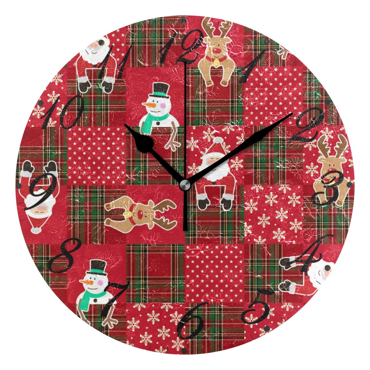 Pfrewn Winter Snowman Buffalo Plaid Reindeer Wall Clock Silent Non Ticking, Snowflake Sabta Claus Clocks Battery Operated Vintage Desk Clock 10 Inch Quartz Analog Quiet Bedroom Living Room Home Decor