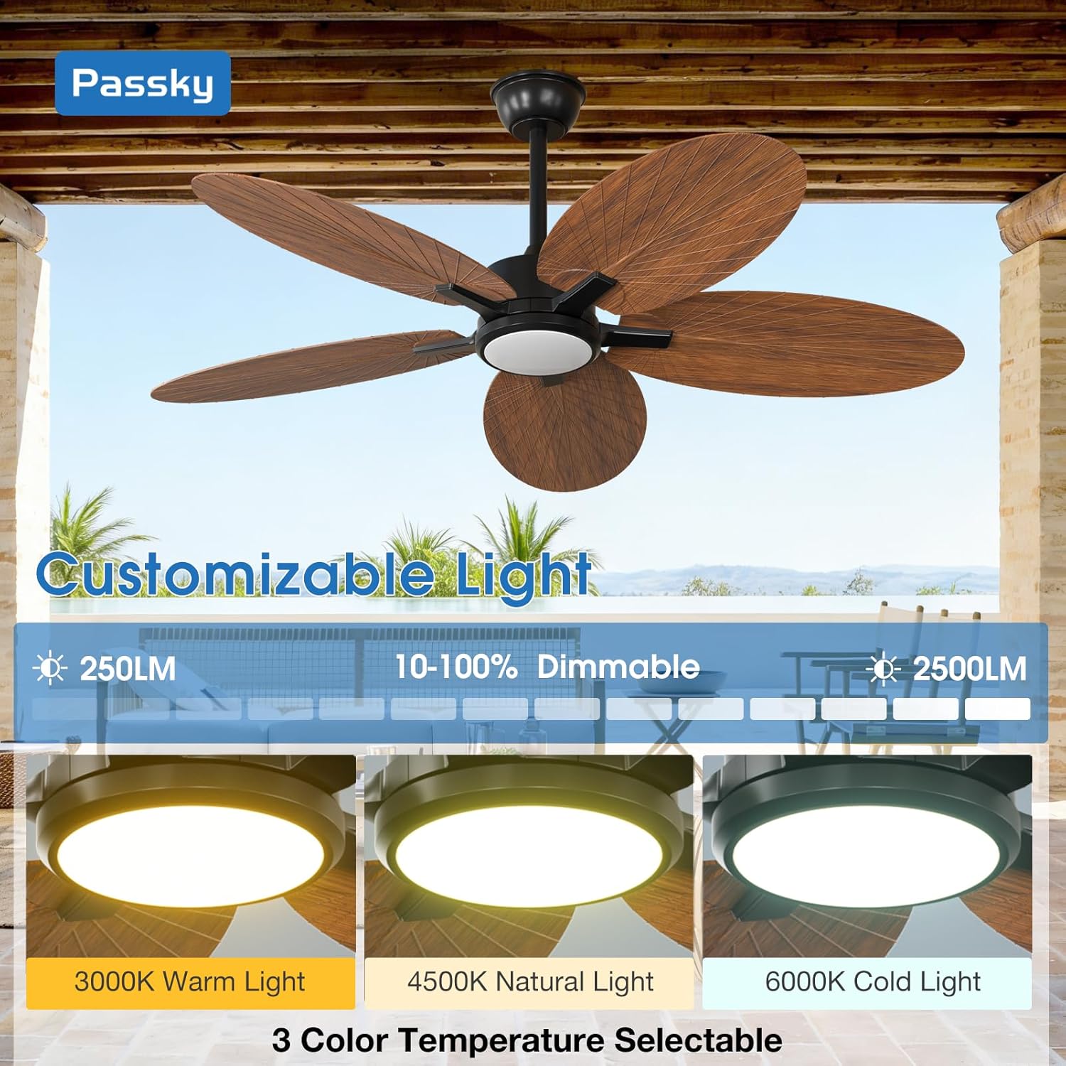 Passky Ceiling Fans with Lights, 52 inch Tropical Ceiling Fan with Light and Remote Control, 3CCT, Dimmable, Reversible, Noiseless, Banana-leaf Shape Ceiling Fan for Bedroom, living room, Coverd Patio