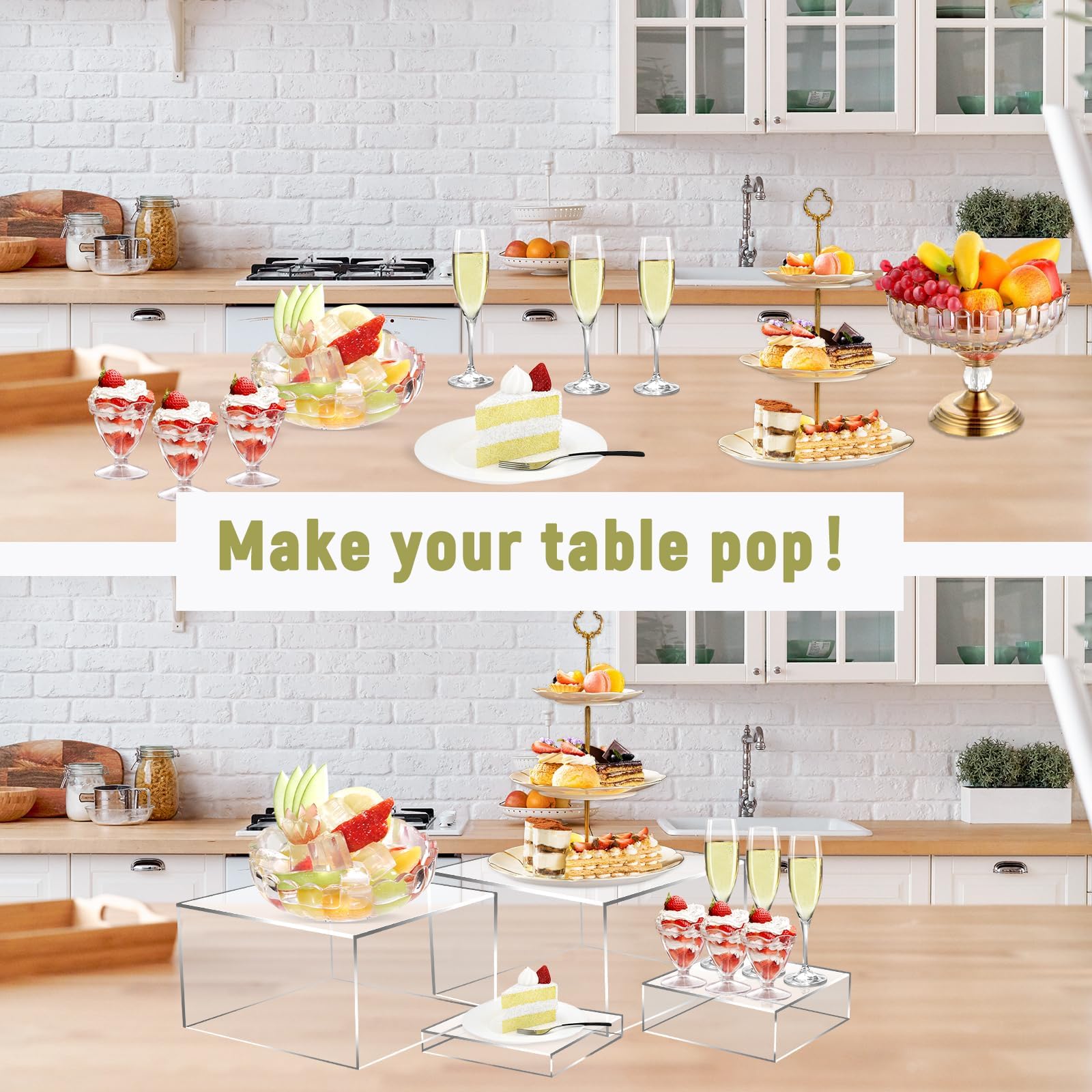 Rehausseurs de Buffet, 4pcs Élévateurs de Buffet en Acrylique, Présentoirs à Dessert Rehausseurs, Support Cubique pour Cupcakes, Bonbons, Brunch, Bjets Collection, Bijoux, Mariageset Fêtes