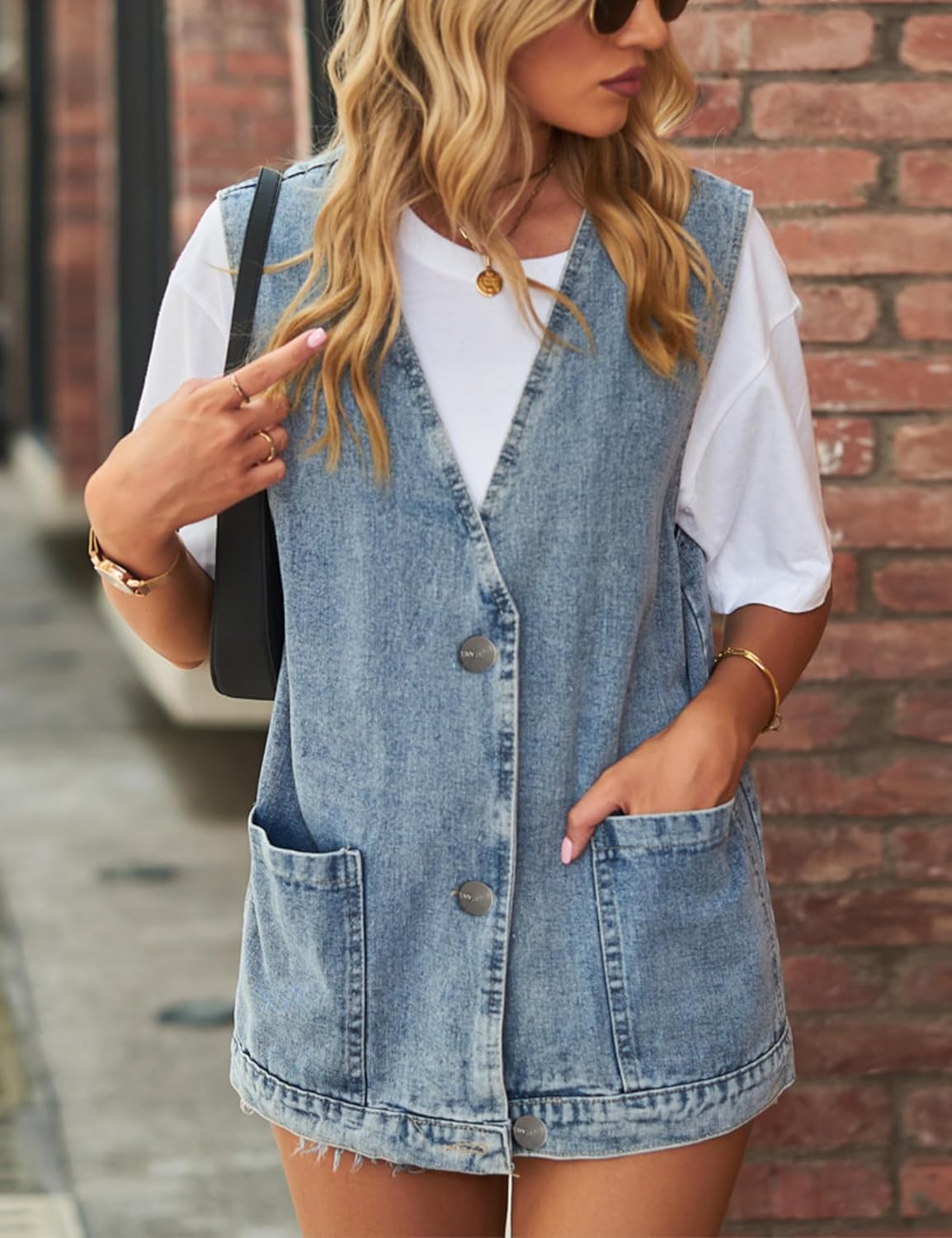 Women's Casual Denim Jean Vest Oversized Sleeveless Mid Long Button Down Jeans Jackets Vests Tops Waistcoat - Image 3