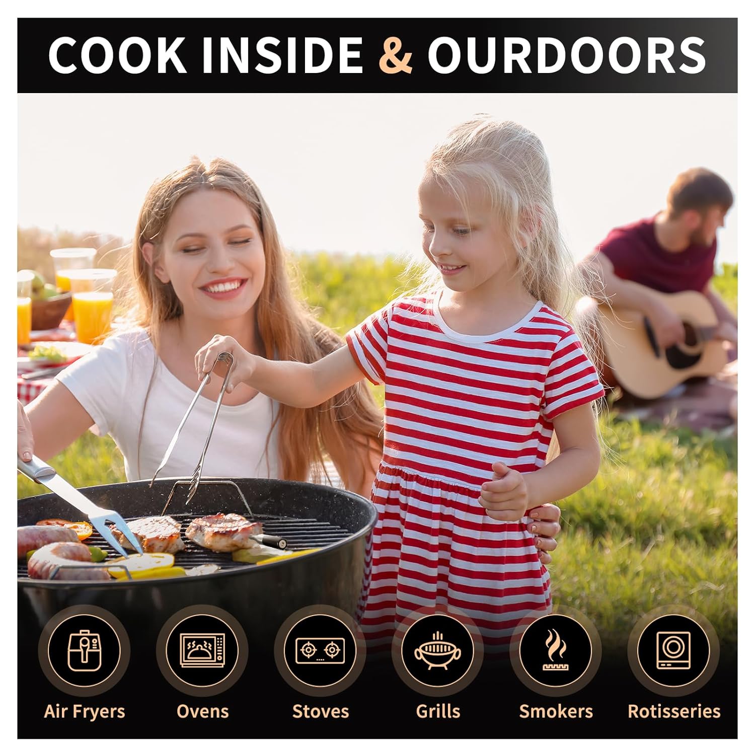 Image depicting various cooking appliances like air fryers, ovens, stoves, grills, smokers, and rotisseries, indicating the thermometer's versatility for both indoor and outdoor cooking.