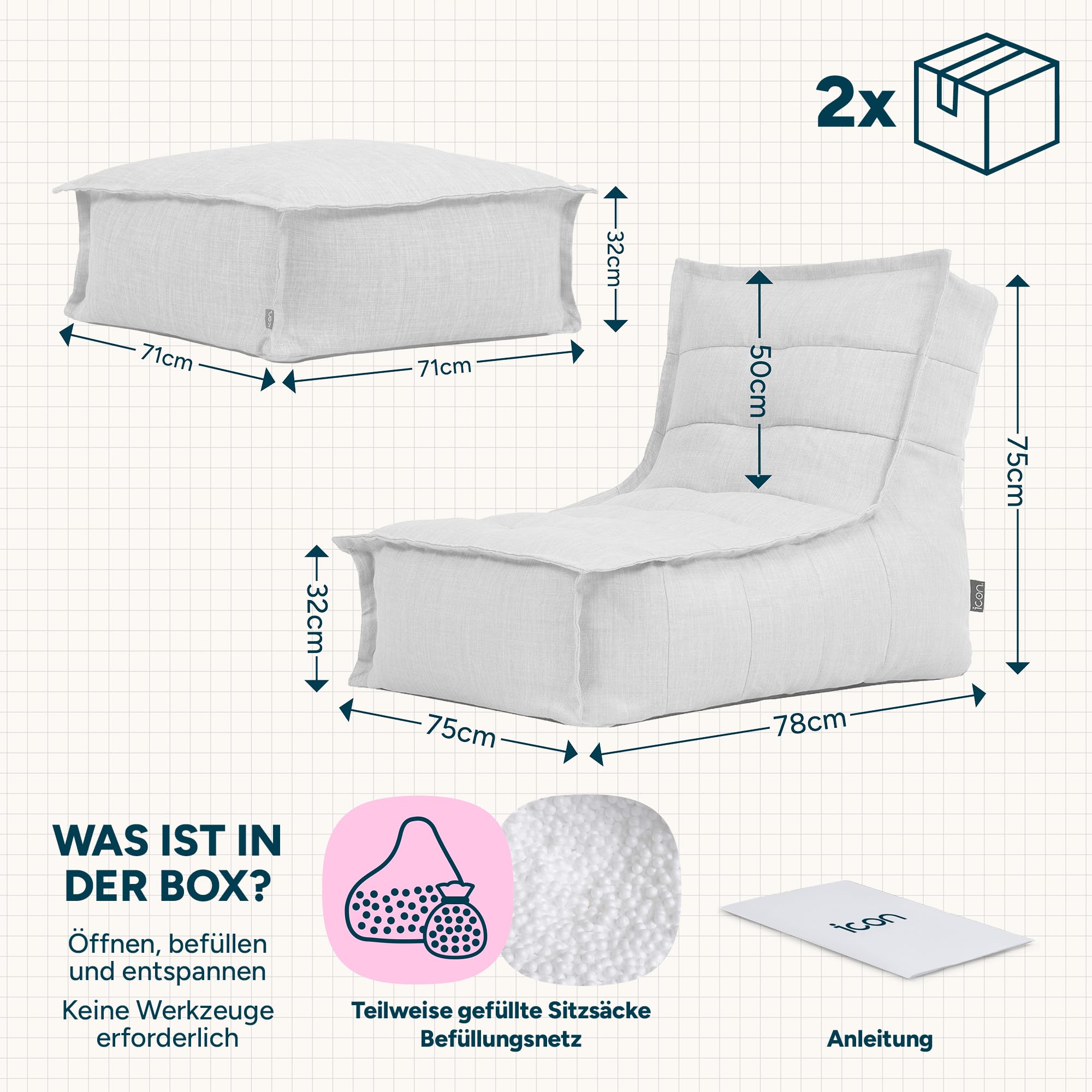 Icon Dolce Outdoor Sitzsack mit Hocker für Erwachsene, Beige, Sitzsack-Liege mit Füllung, Bean Bag, Wasserabweisender Stoff, Bequemer Sessel für Wohnzimmer, Lounge, Schlafzimmer, Garten