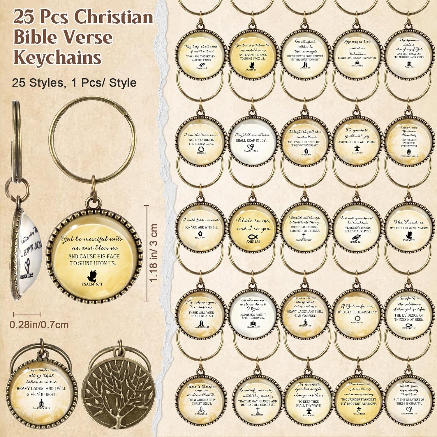 Feifeiya 75 Pcs Mother's Day Christian Church Gifts Bulk for Women 25 Bible Verse Pens 25 Religious Keychains 25 Emergency Number Bookmark Bible Study Gift for Sunday School Church VBS(Brown,Stylish)