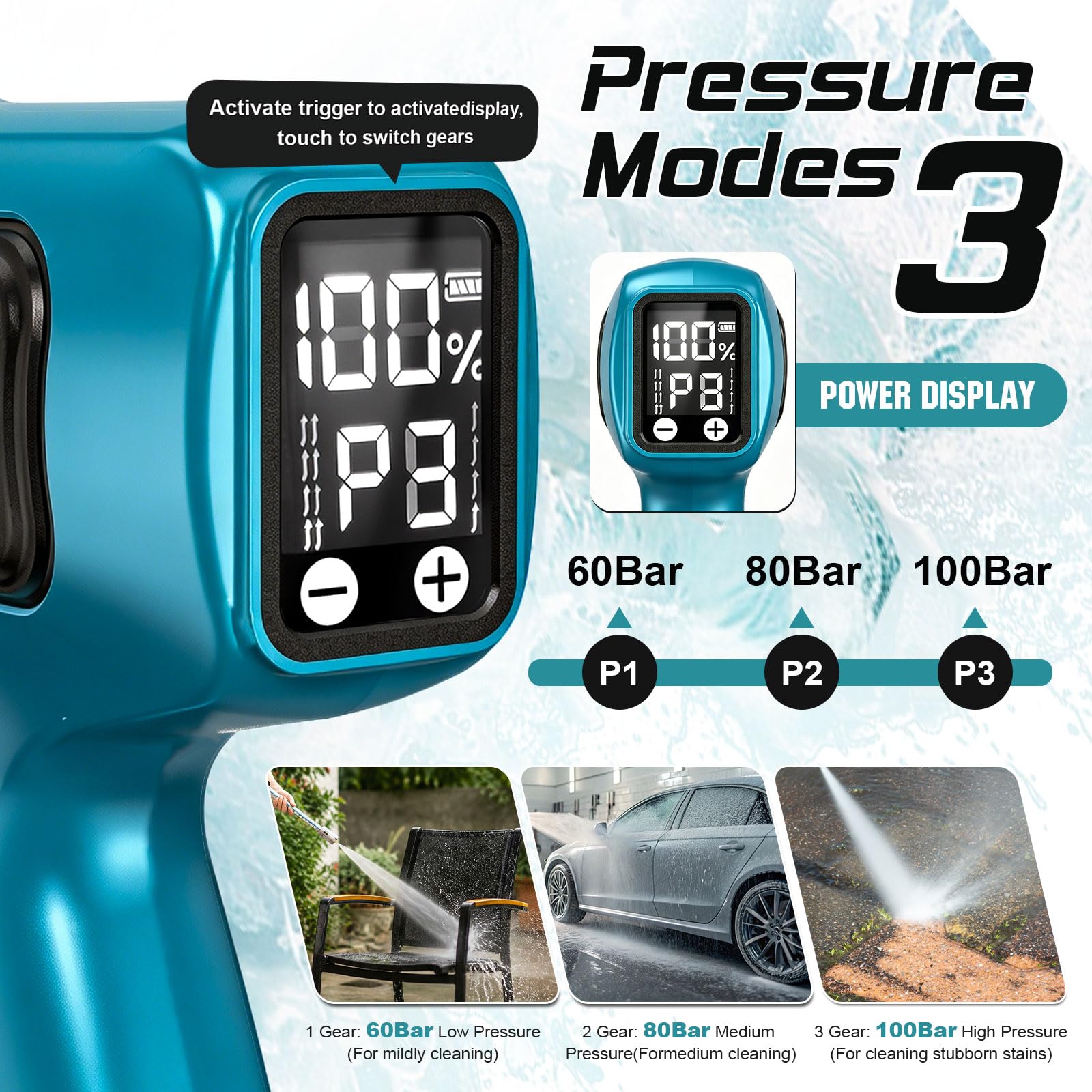 Limpiador de alta presión con batería, motor sin escobillas, 3000 W, modo de 3 marchas, máx. 120 bar, batería portátil de alta presión con 2 baterías de 4,0 Ah, boquilla giratoria 5 en 1, cabezal