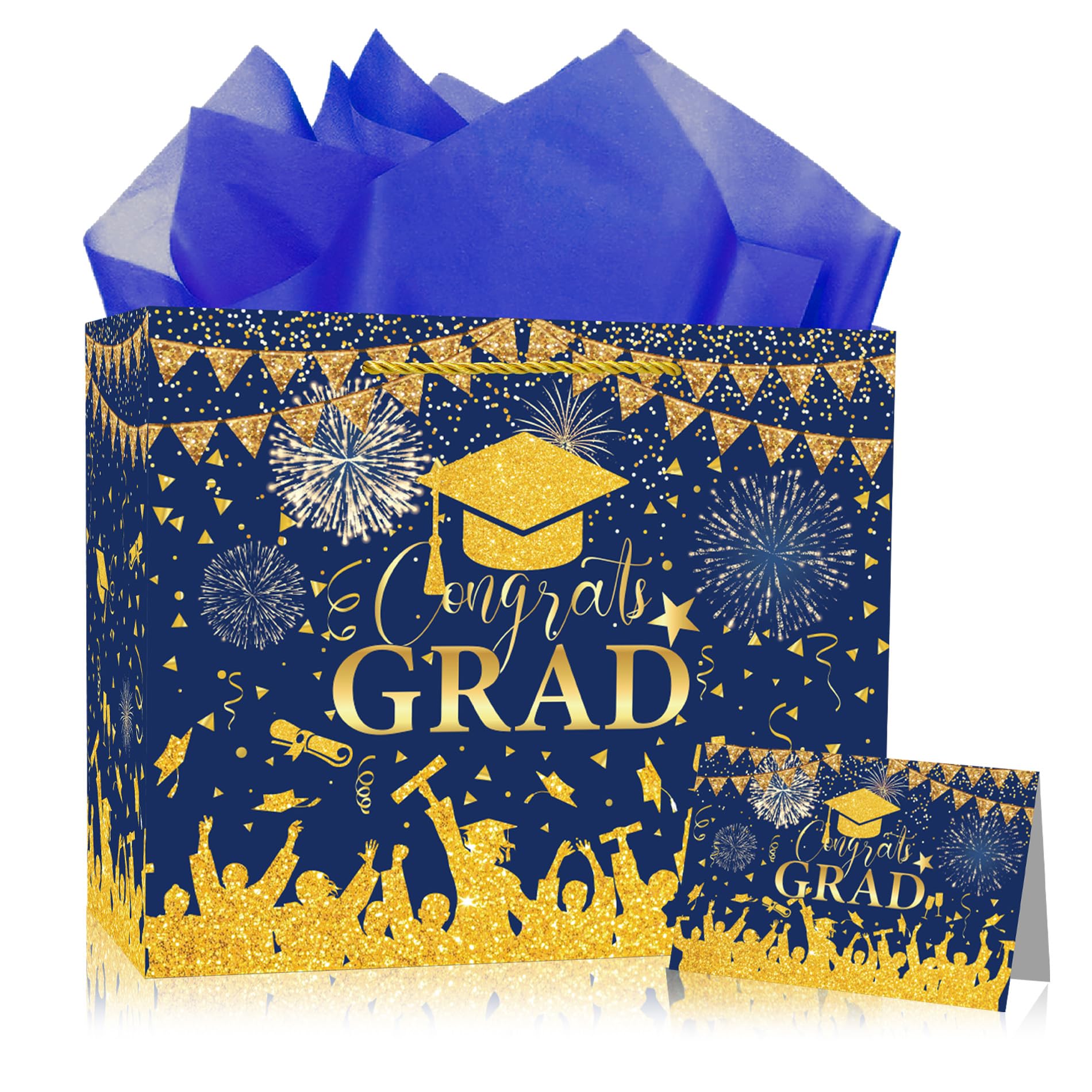 Congrats Gift Bag Class of 2026 - Graduation Gift Bag Blue and Gold Congrats Grad Bags with Card Tissue Paper Envelope Congratulations Gifts Bag for Men Women Student Teacher College Graduation 12 Inch