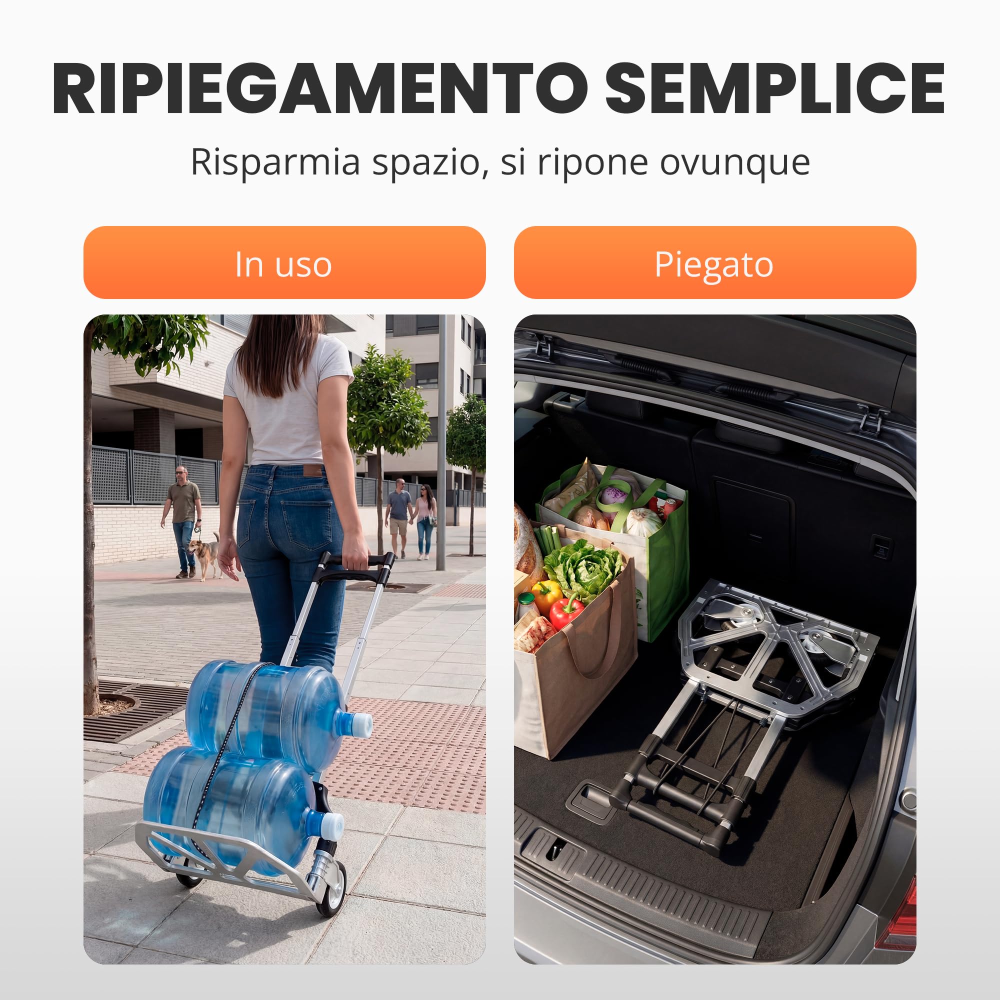 JUPPLIES Carrellino con Ruote Portatutto Pieghevole in Alluminio + Corda – Carrello Porta Pacchi Leggero e Robusto 75 kg, Maniglia Telescopica 100 cm, Ruote Silenziose per Casa, Viaggi o Trasporto