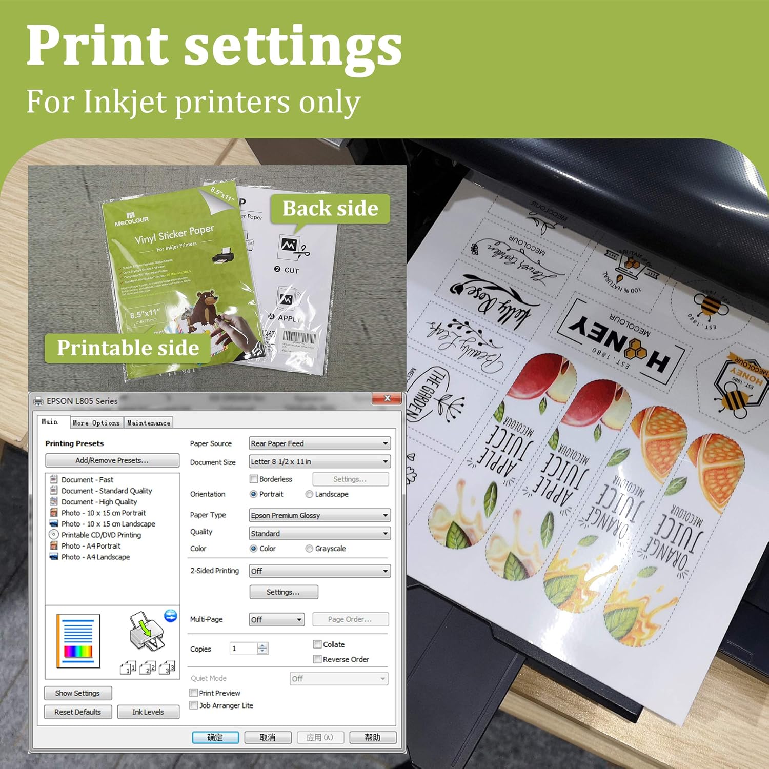 MECOLOUR Premium Printable Vinyl Translucent Sticker Paper Waterproof, Dries Quickly Vivid Colors, Holds Ink Well- Tear Resistant - Inkjet & Laser Printer 50 Sheets