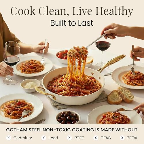 Miniatura 7 de GOTHAM STEEL Sartén de 14 pulgadas con tapa, sartén extra grande para cocina familiar, revestimiento antiadherente de cerámica no tóxica, sin PFOA