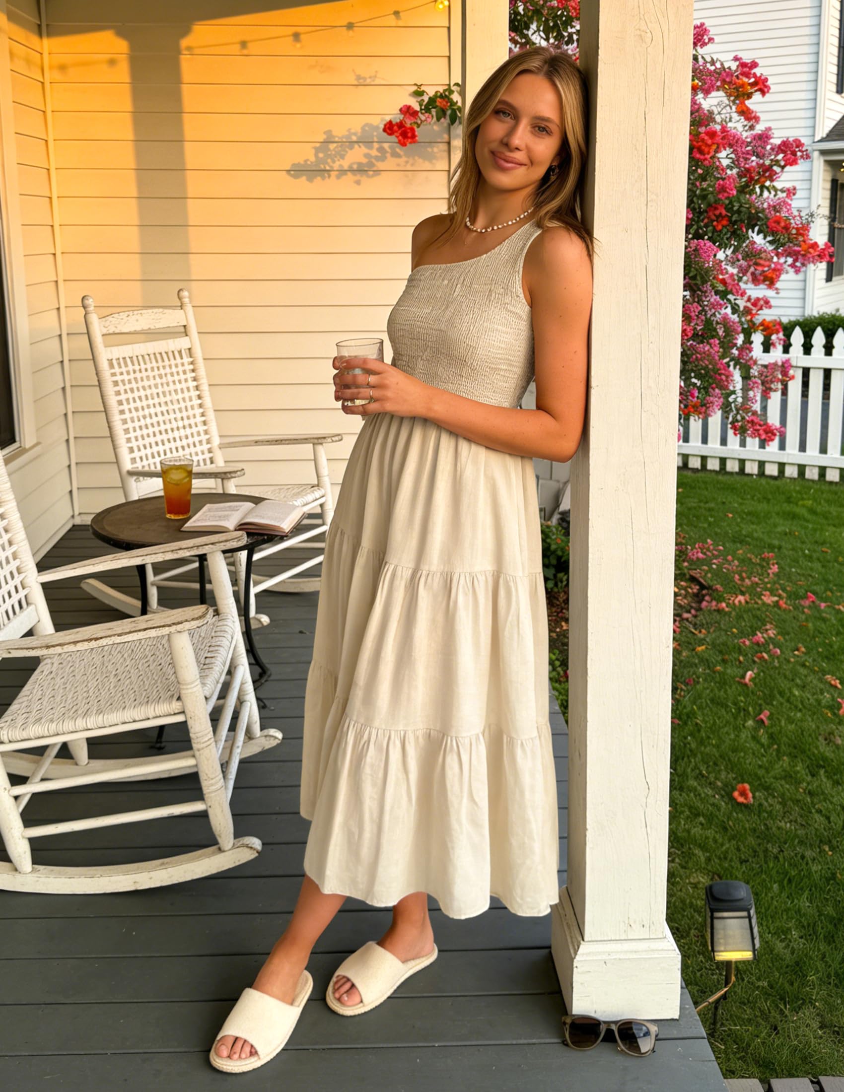 ZESICA, Abito Longuette Lungo da Donna, Stile Bohémien, Estivo, con Stampa Floreale, Monospalla Senza Maniche, con Smock, Volant e Balze