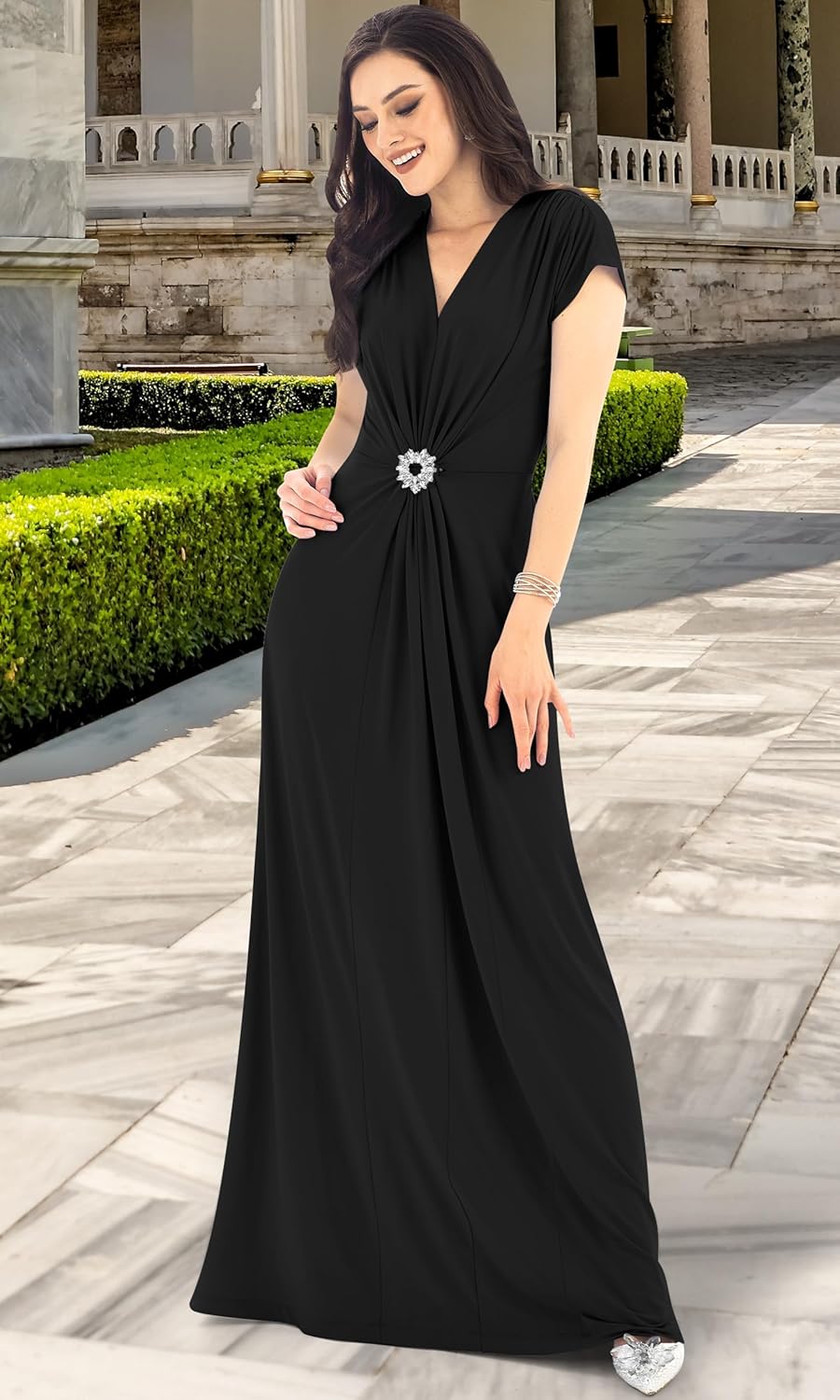 KOH KOH Womens Long V-Neck Short Sleeve Semi Formal Wedding Gown Maxi Dress - Image 2