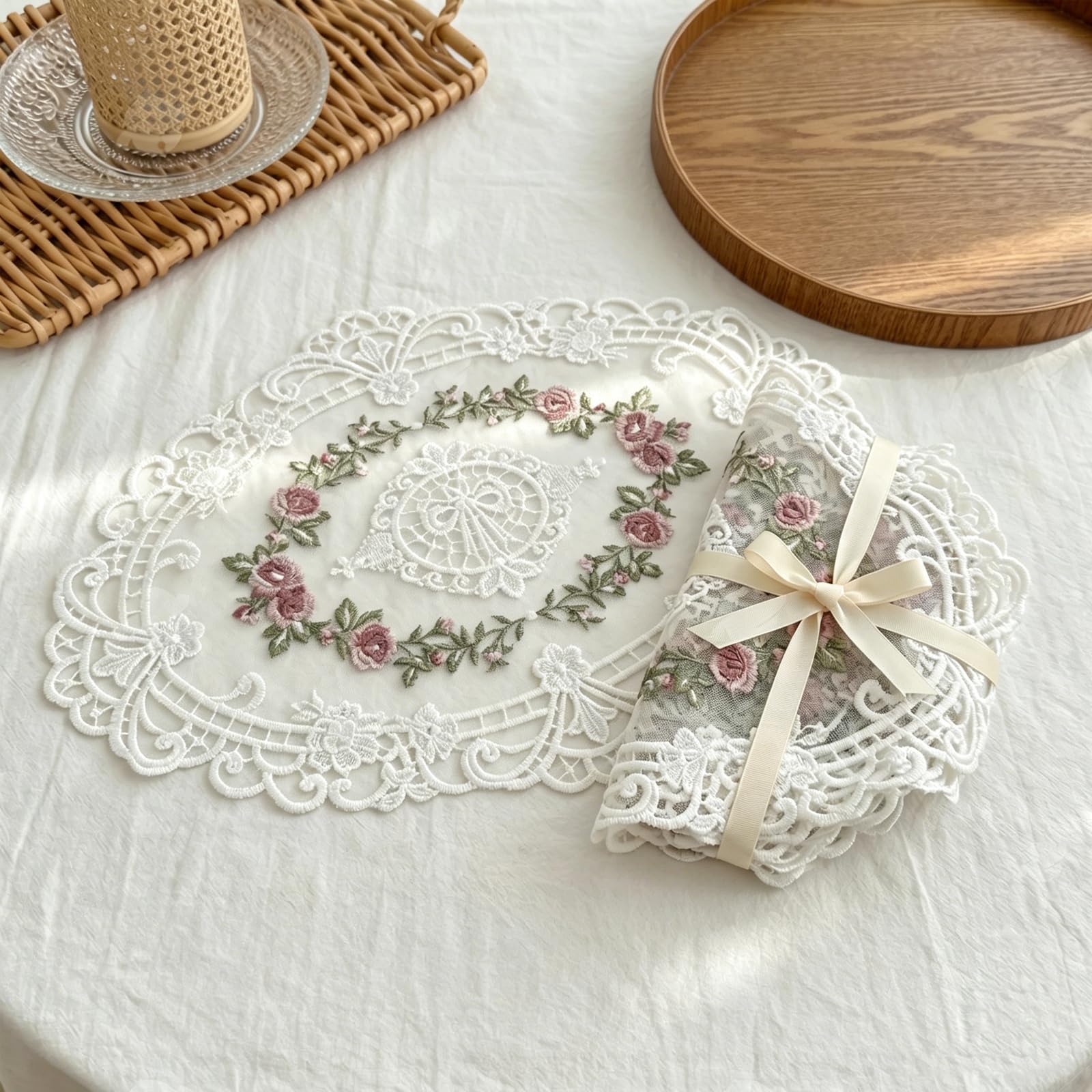 2-Piece Lace Placemats, Oval Embroidered Table Mats, Vintage Floral Polyester Doilies for Dining and Side Table Cover-image-19