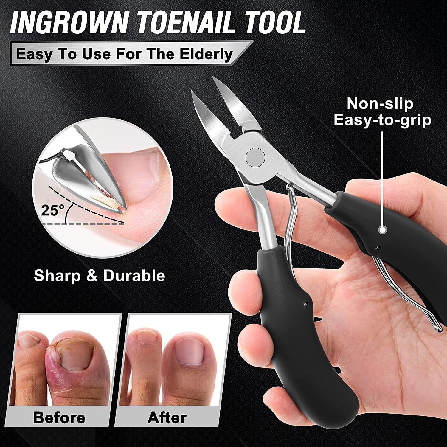 5Pcs Ingrown Toenail Removal Kit, Thick Toenail Clippers for Seniors, Heavy Duty Toenails Clippers for Men, Slanted Nail Clipper with Long Handle, Angled Head Toe Nail Clipper Senior Gift (Silver)