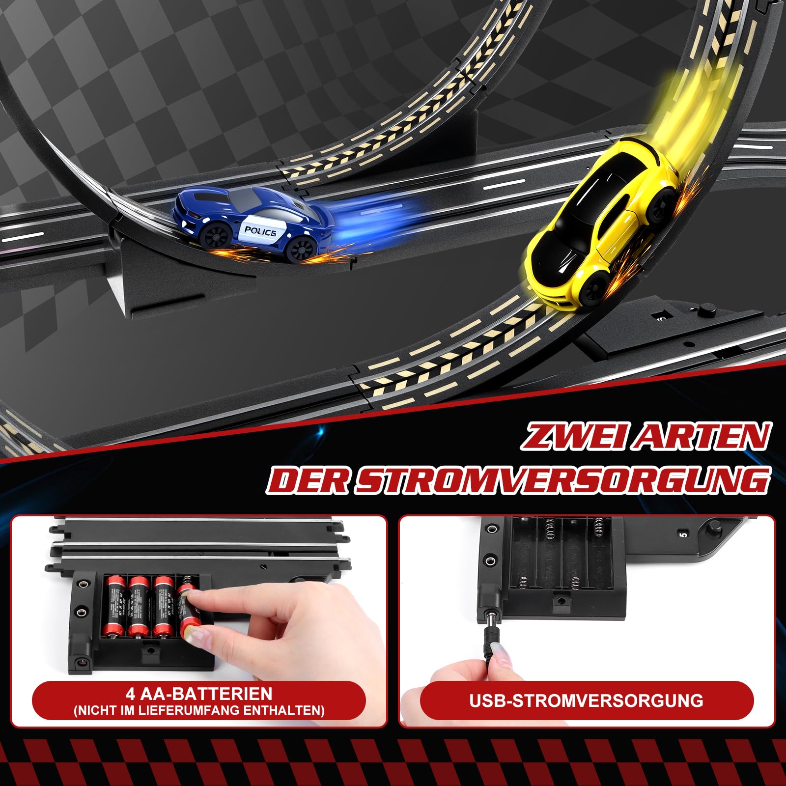 YOOHBERRYS Autorennbahn Elektrisch Rennbahn Kinder 1:64-Rundenzähler 308CM | USB Elektrische Rennstrecke-2 Slotcars, 360°-Looping, Rennstrecke Auto Spielzeug Geschenke Mädchen Jungen 3 4 6-12 Jahren