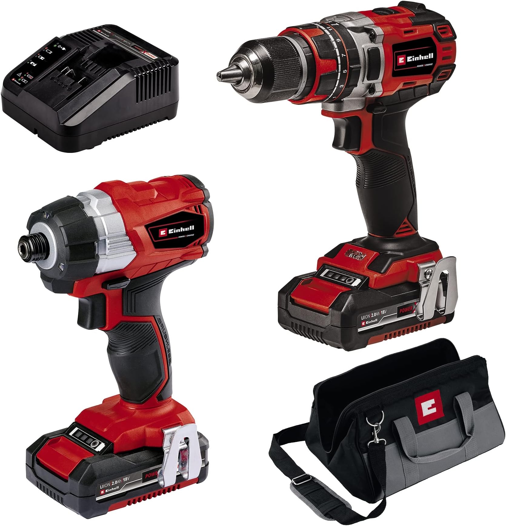 Cordless Drill and Impact Driver Set 18V Power X-Change, Includes Storage Bag, 2 x Batteries and Charger, Brushless Combi Drills and Driver Sets Cordless TP-CD 18/50 Li-i + TP-CI 18 Li