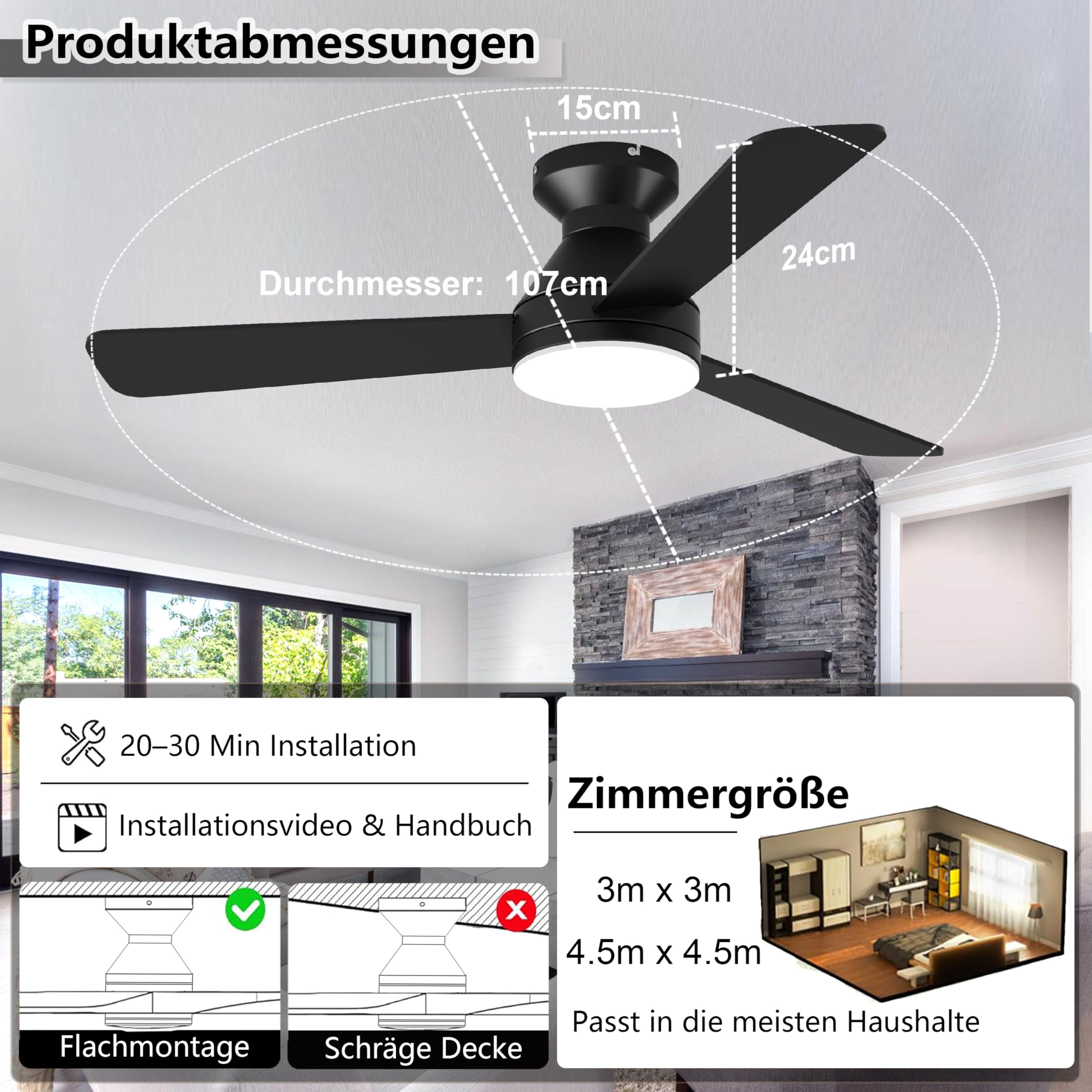 Deckenventilator mit Beleuchtung und Fernbedienung 107cm, Deckenventilator mit Licht Dimmbare LED, 3 Flügel, 6 Stufen, Leiser DC-Motor, Wendeflügel für Schlafzimmer und Wohnzimmer, Schwarz