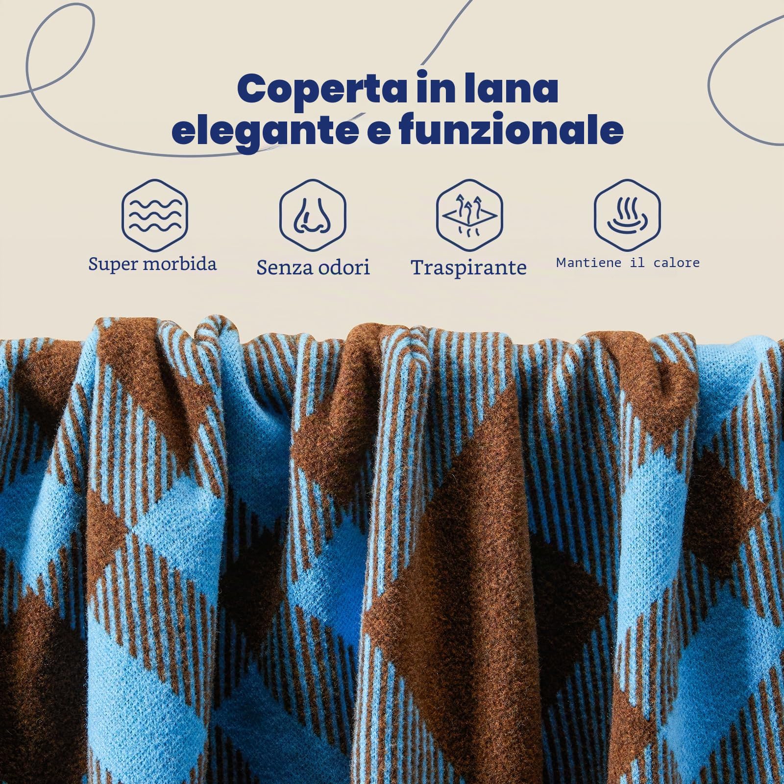 ACUSHLA Coperta morbida in 58% lana merino, grande e morbidissima, ideale per divani, letti, copriletto, inverno all'uncinetto (160 x 200 cm, motivo scozzese a quadri, blu)