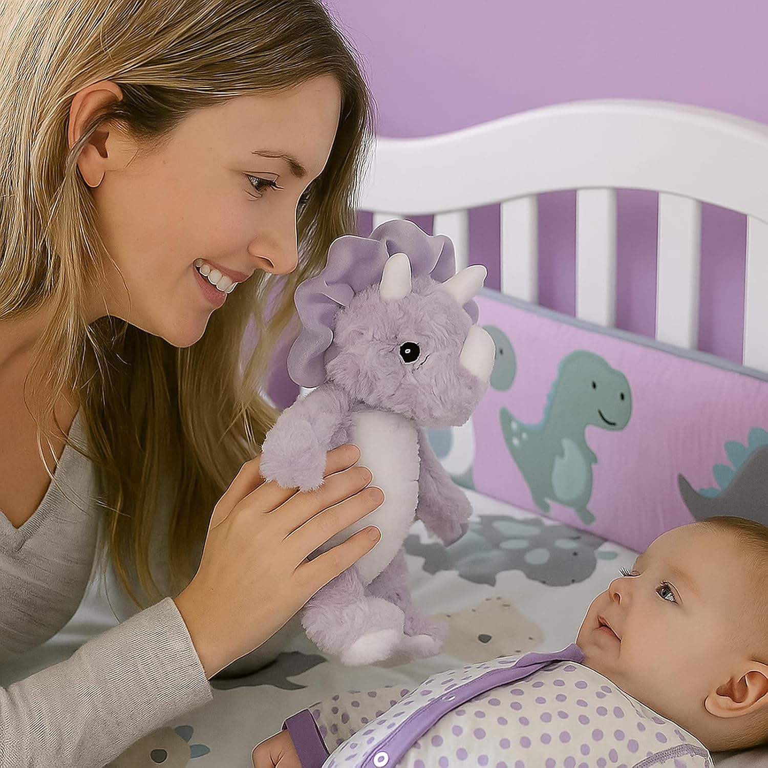 Purple Dinosaur Stuffed Animals for Girls - 9'' Soft Lavender Triceratops Plush Toy, Safe Baby Dino with Embroidered Eyes, Cuddly Toddler Bedtime Companion, Birthday Gifts for Kids 3-5 ( Violet Gray)