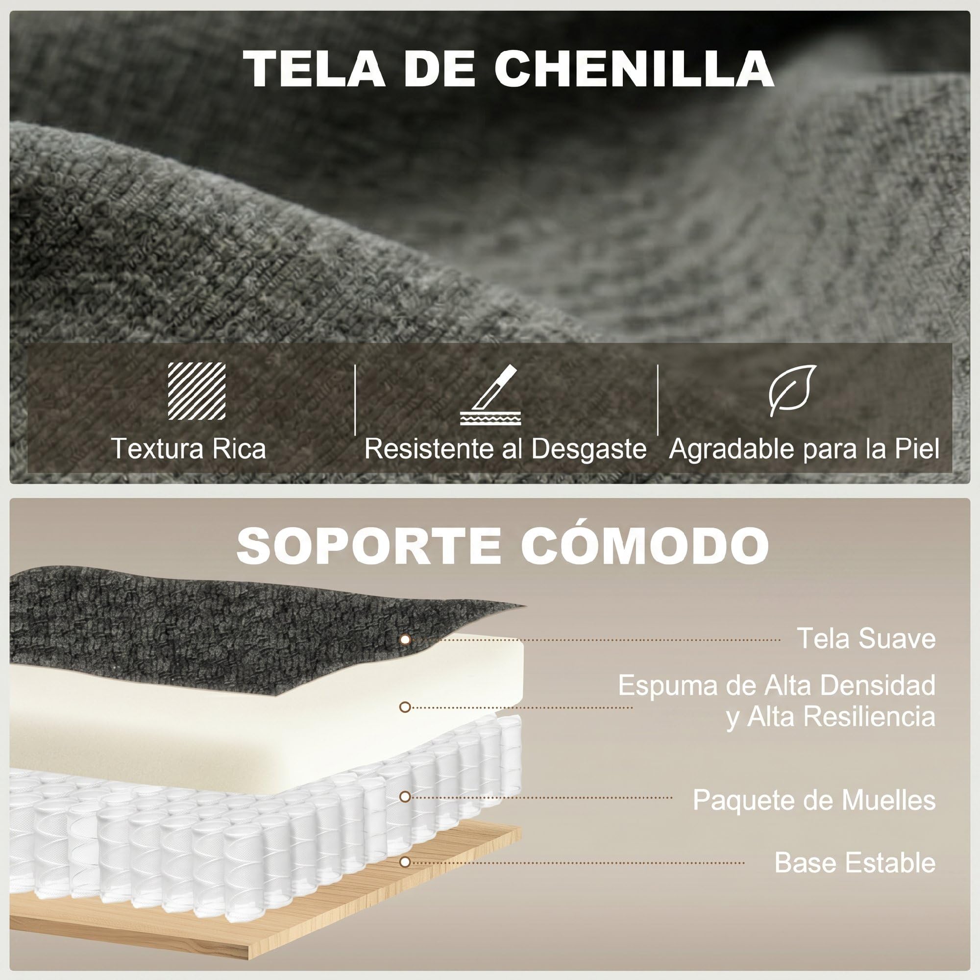 HOMCOM Sofá Cama 2 Plazas 3 en 1, Sofá Cama de Chenilla con Mesa Auxiliar, Portavasos, Respaldo Ajustable, Bolsillos Laterales, 2 Almohadas para Sala de Estar, Espacios Pequeños, Gris Oscuro