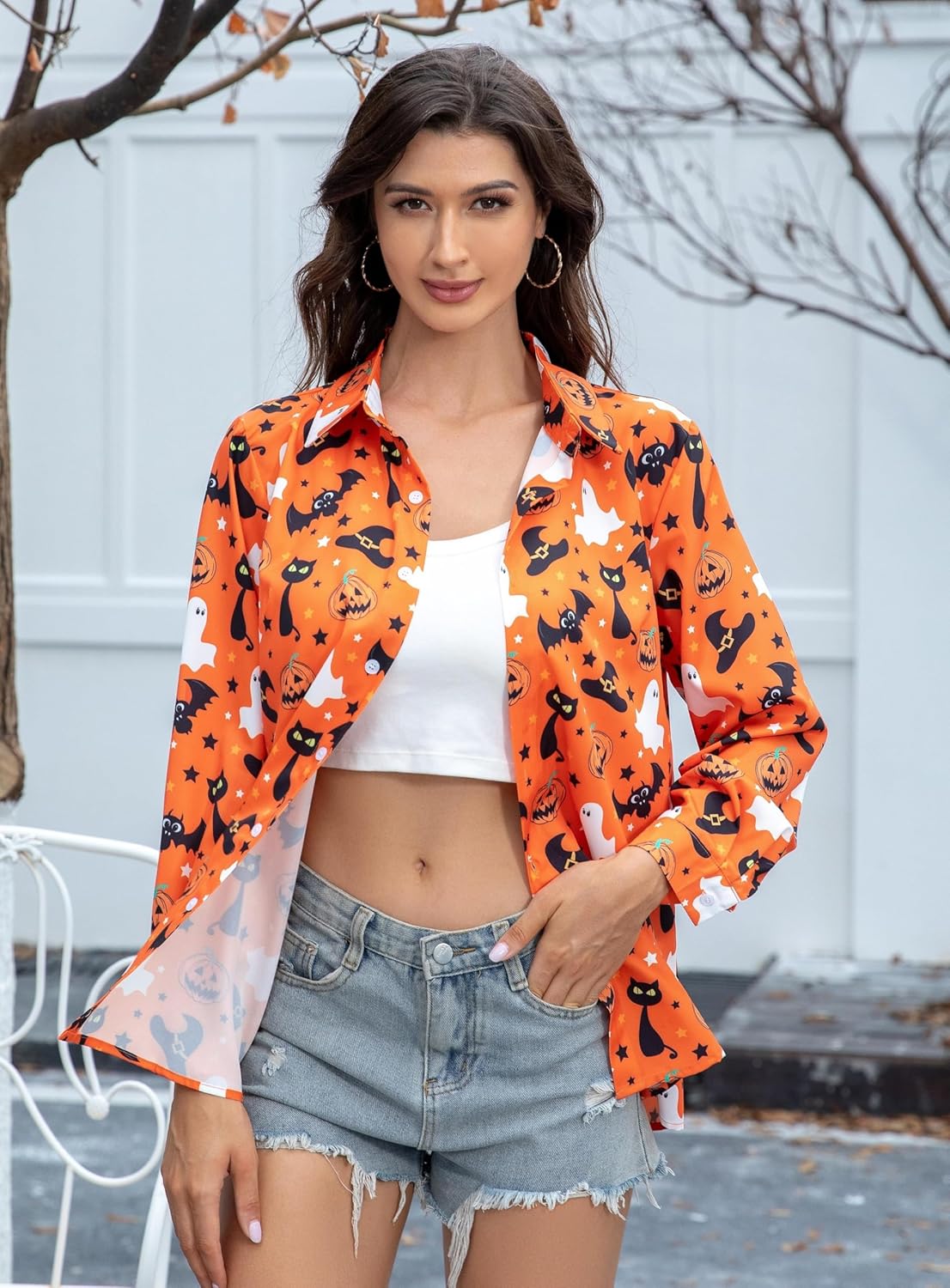 Halloween Shirts for Women: Pumpkin Skeleton T-Shirts Graphic Halloween Fall Long Sleeve Hawaiian Button Down Blouse - Image 3