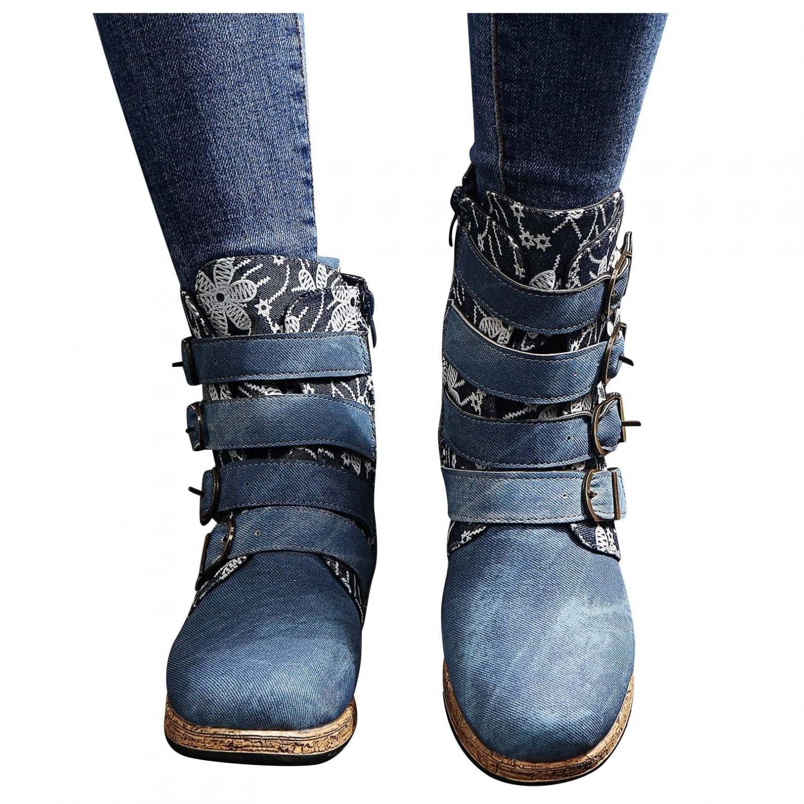 Vintage Boots for Women, Ethnic Vintage Denim Flower Design Round Toe Hidden Heels Wedge Low Heels Ankle Booties Casual Winter Fall Dress Short Boots
