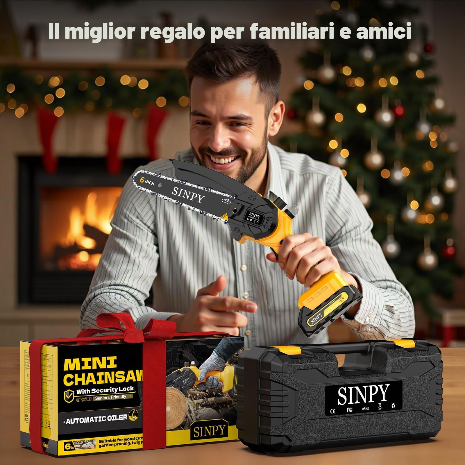 Mini motosega senza fili, motosega elettrica da 15,2 cm, con 2 batterie e 2 catene, piccola motosega con blocco di sicurezza per tagliare alberi, giardino, taglio del legno, regalo per uomini