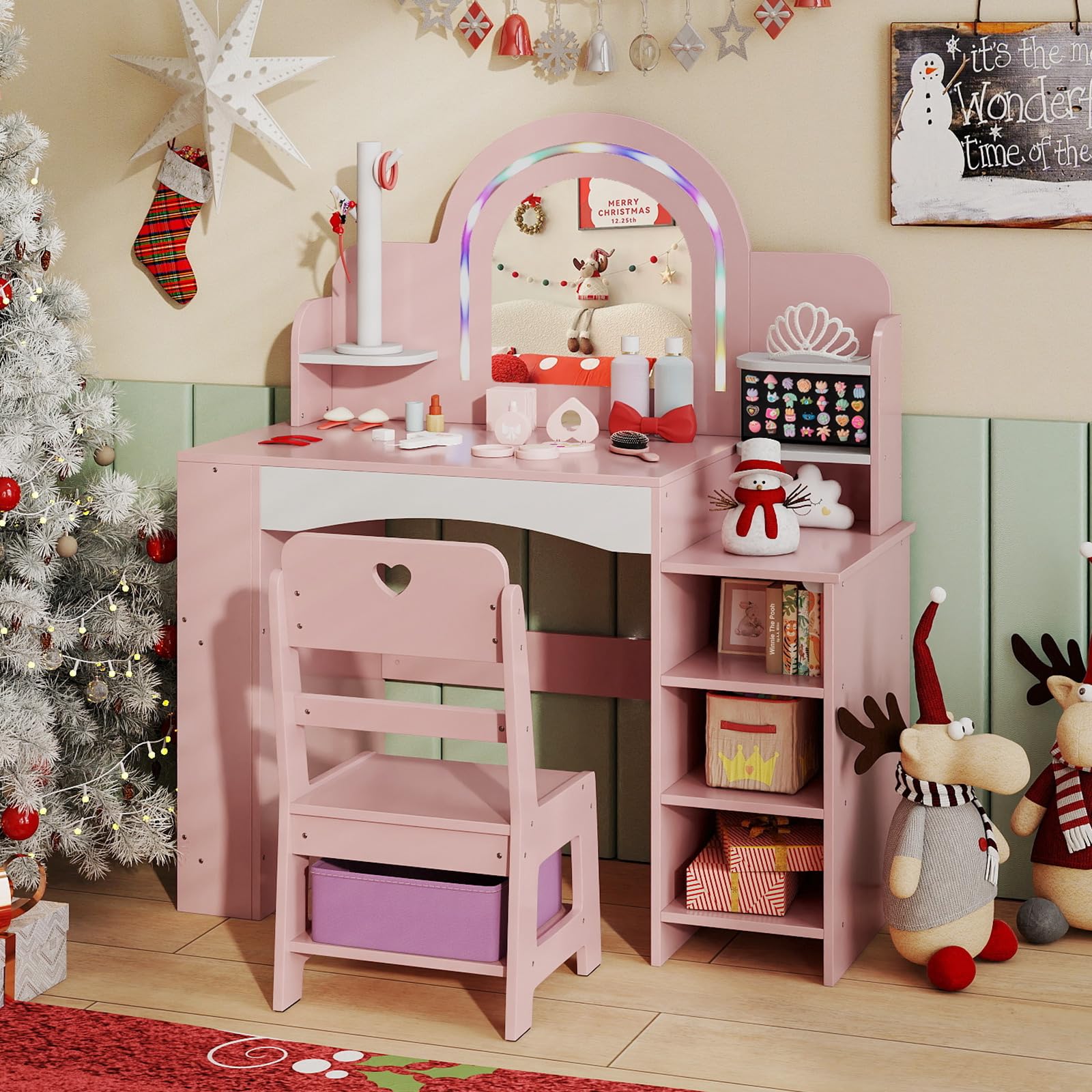 COSTWAY Tocador Niña con Espejo y Luces, Tocador de Maquillaje Niña con Estantes Abiertos, Soporte para Joyas, Estantería de 2 Niveles y Caja de Tela, Mesa de Maquillaje para Niñas de 3+ Años (Rosa)