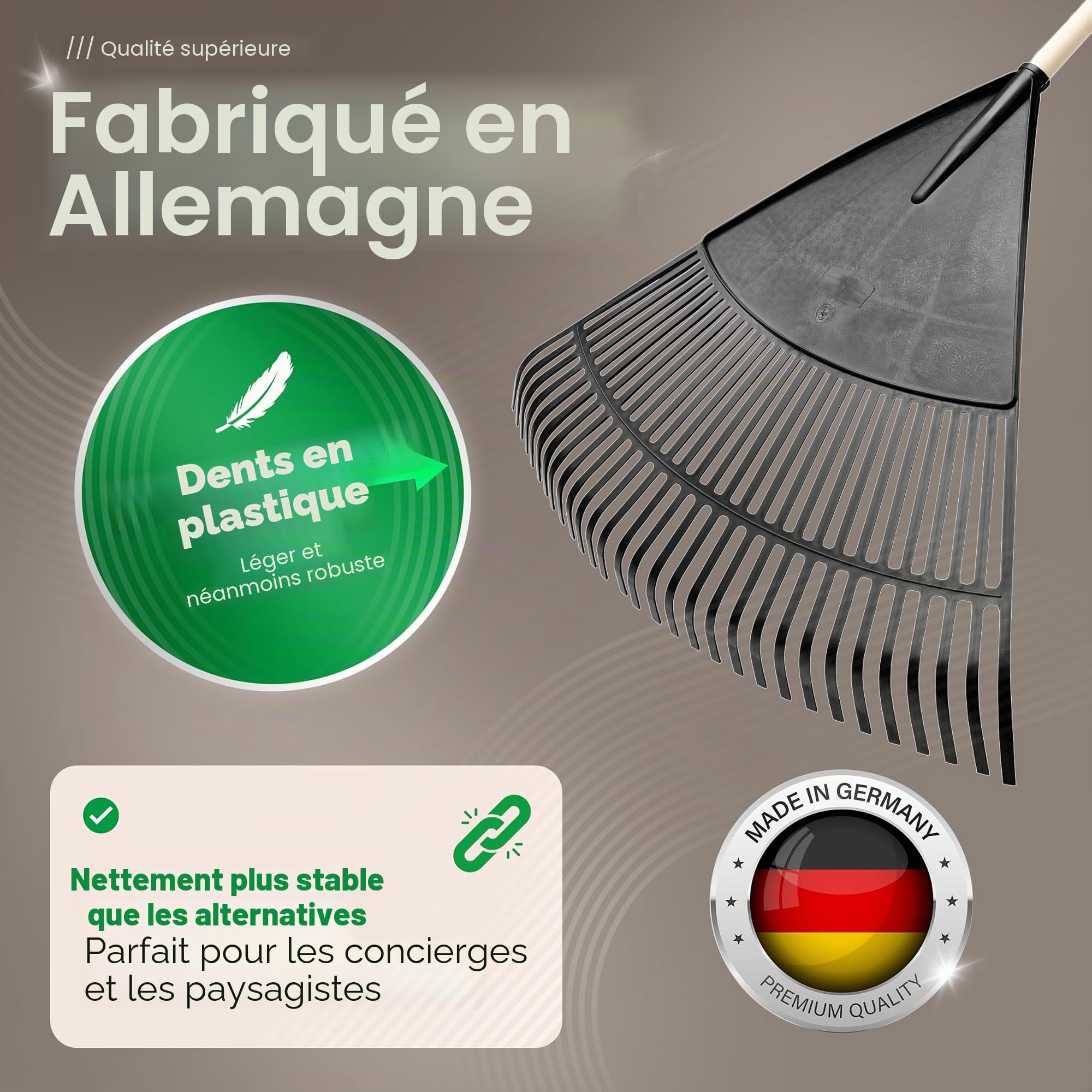 Novatool Balai à feuilles avec manche à 4 pièces et à visser, balayeur avec 30 dents en plastique, râteau largeur de travail 75 cm