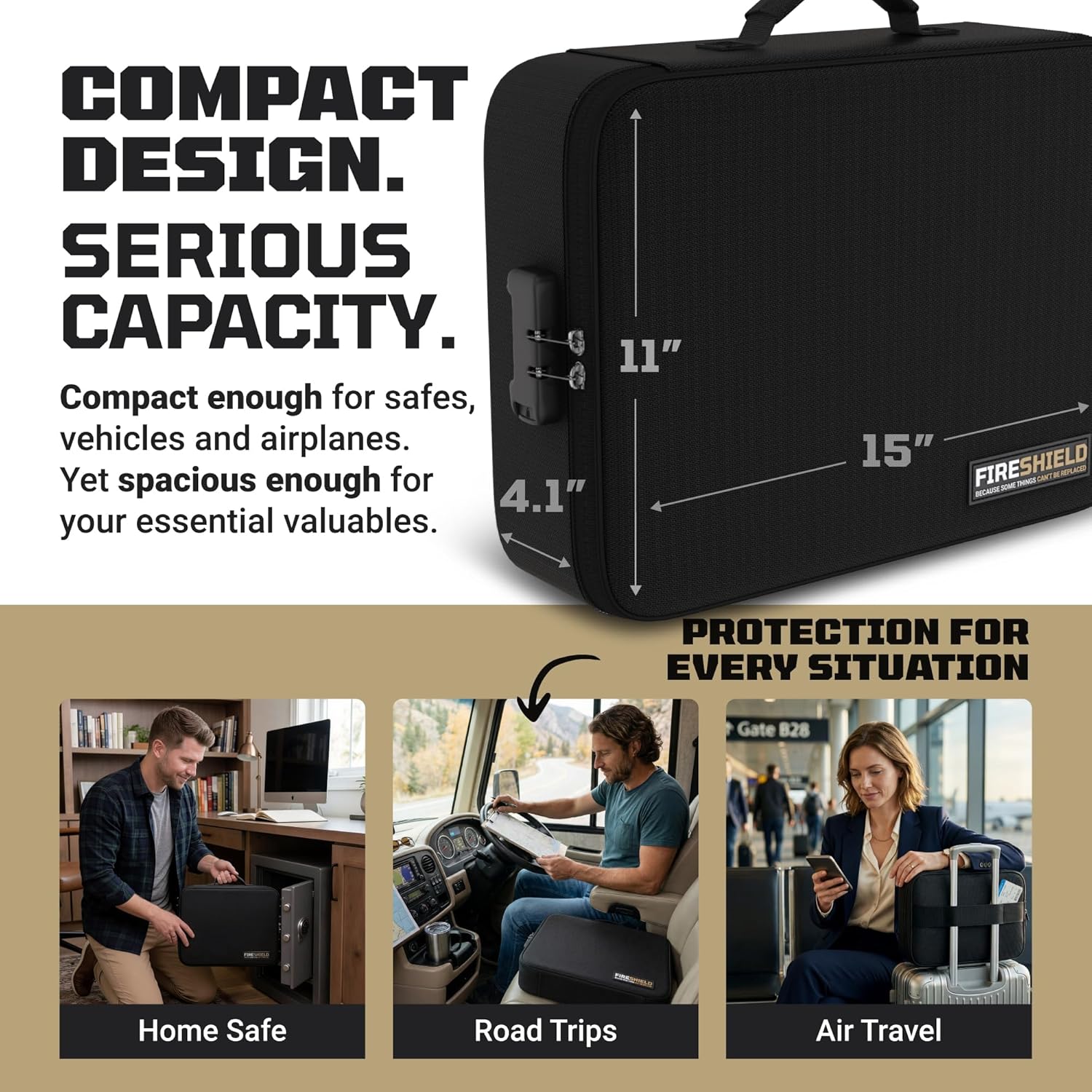 FIRESHIELD PRO 5200°F Fireproof Document Box with Lock – Fire Safe Organizer with Laptop, Tablet & Cards Pockets – Water Resistant, Multi-Pocket Storage for Travel, Home or Office – 15" x 11" x 4.1"