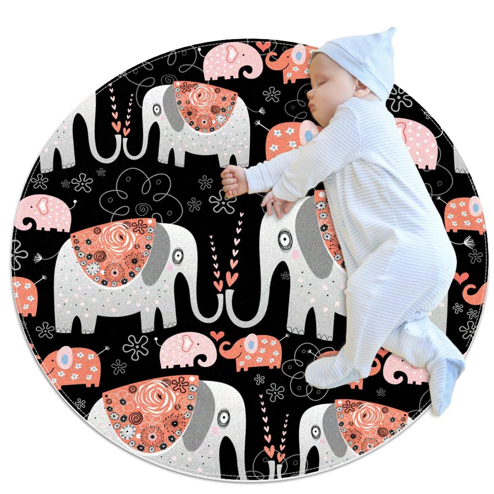 Tapis de salle de bain rond de 1m au motif éléphant floral antidérapant