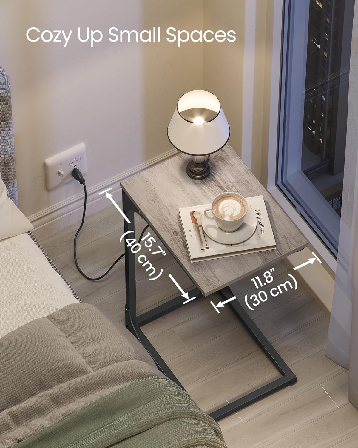 VASAGLE C-Shaped Side Table, End Table with Charging Station, C Table for Couch, Sofa, Adjustable Feet, for Bedroom, Living Room, 2 USB Ports and Outlets, Heather Greige ULET362K02