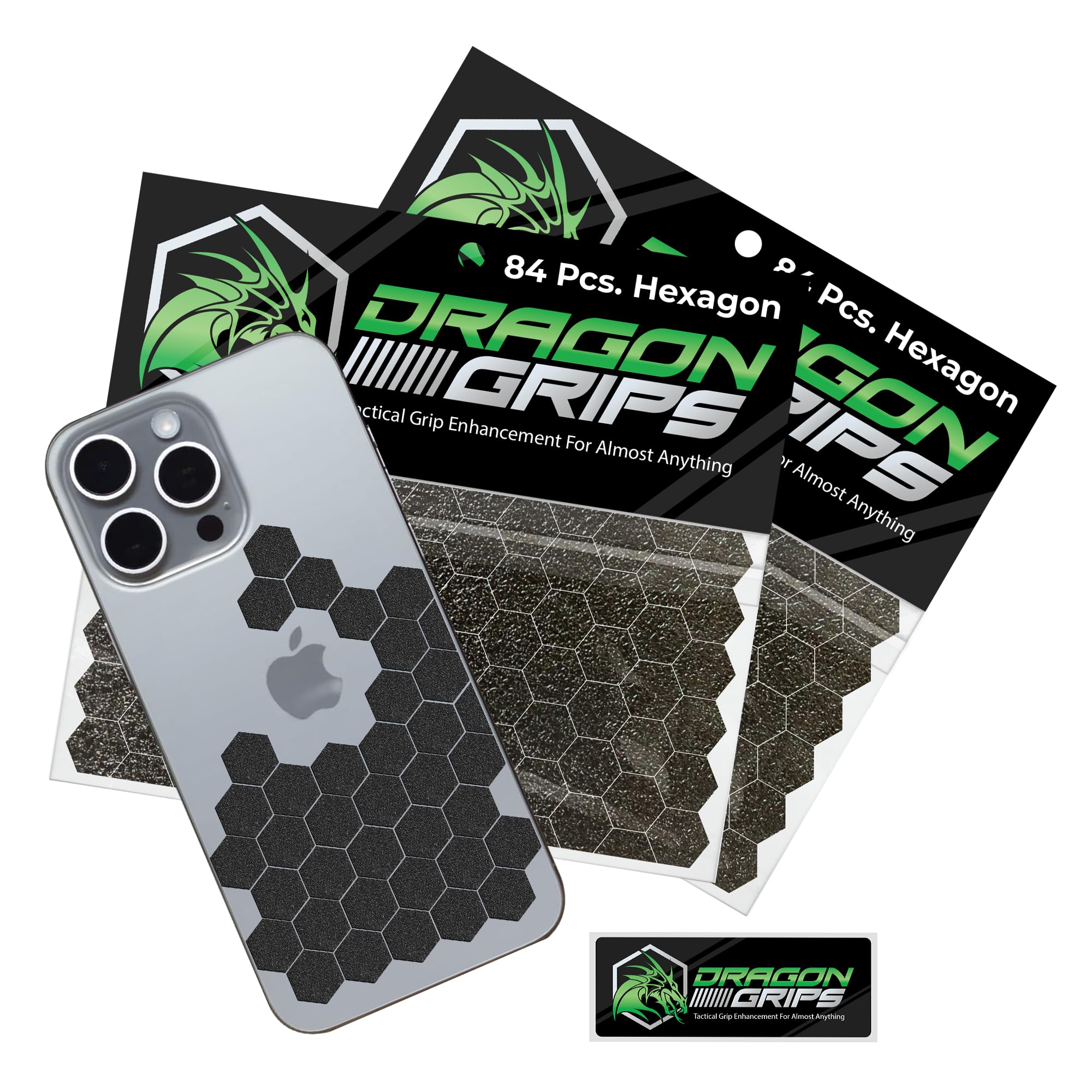 Dragon Grips Black Rubber Grip Tape, 84pc Hexagon Grip Stickers, Pack of 2 | Pre-Cut Non-Slip Textured Stickers, Multipurpose for Phone Cases,