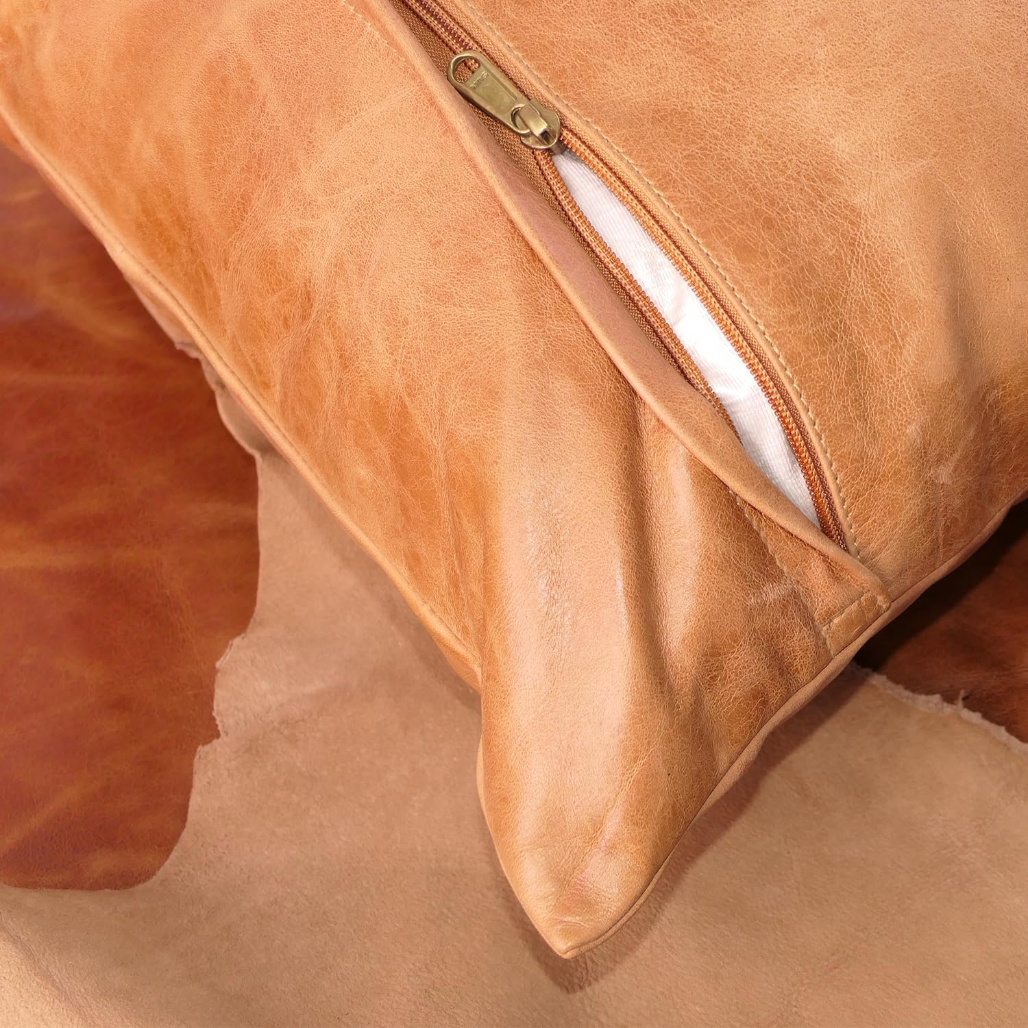 LL LEATHER LOVERS Lambskin Leather Pillow Cover - Sofa Cushion Case - Decorative Throw Covers for Living Room & Bedroom, 20x20 Inches - Gold Beige Plain (01) Pack of 2