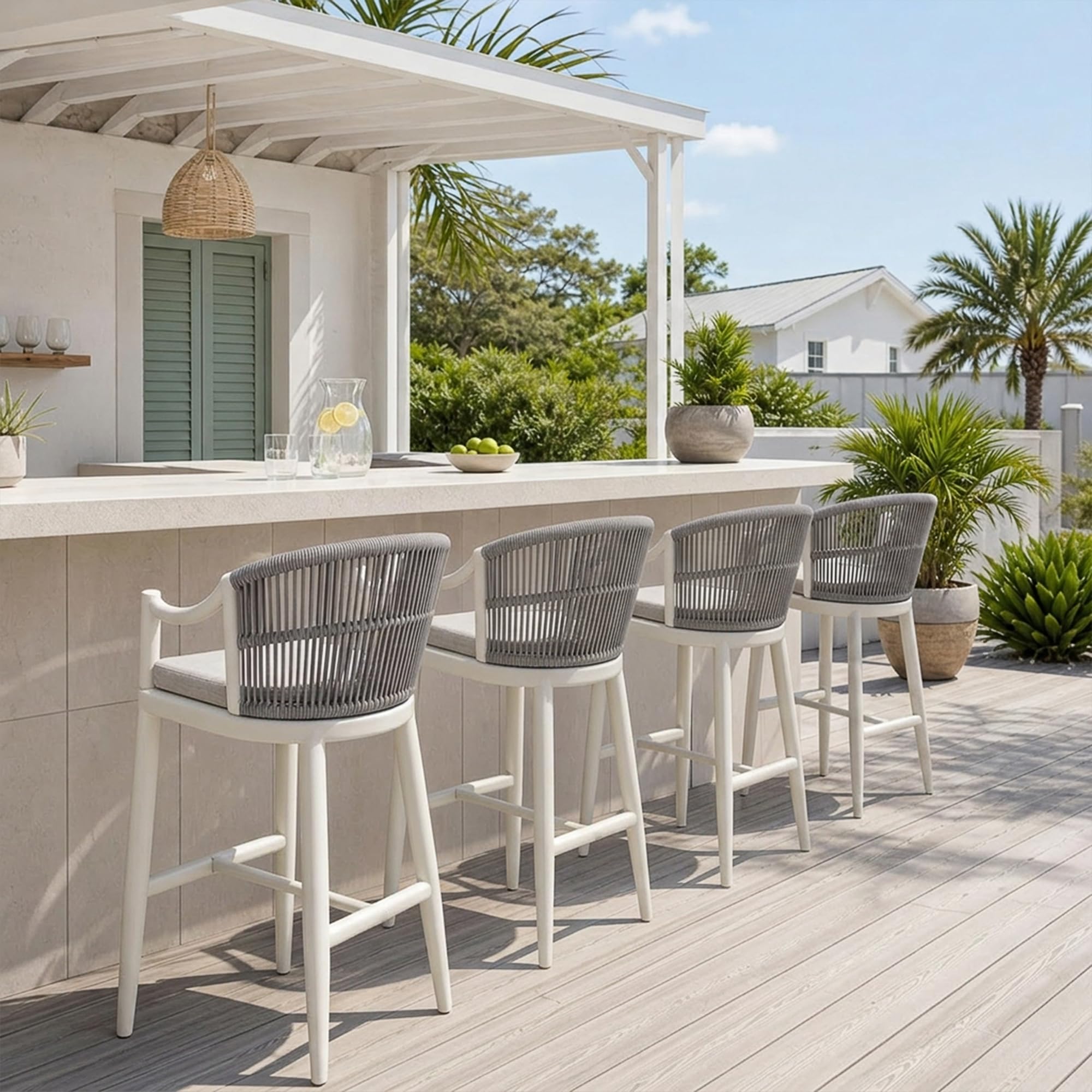 PURPLE LEAF Outdoor Bar Height Stool Chairs Set of 4 Handwoven Rope, White