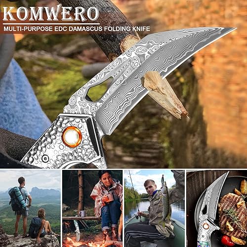 Miniatura 8 de KOMWERO Cuchillo de bolsillo de Damasco para hombre hoja de acero de Damasco de 295 pulgadas VG10 Core de 295 pulgadas con bloqueo de rodamiento de