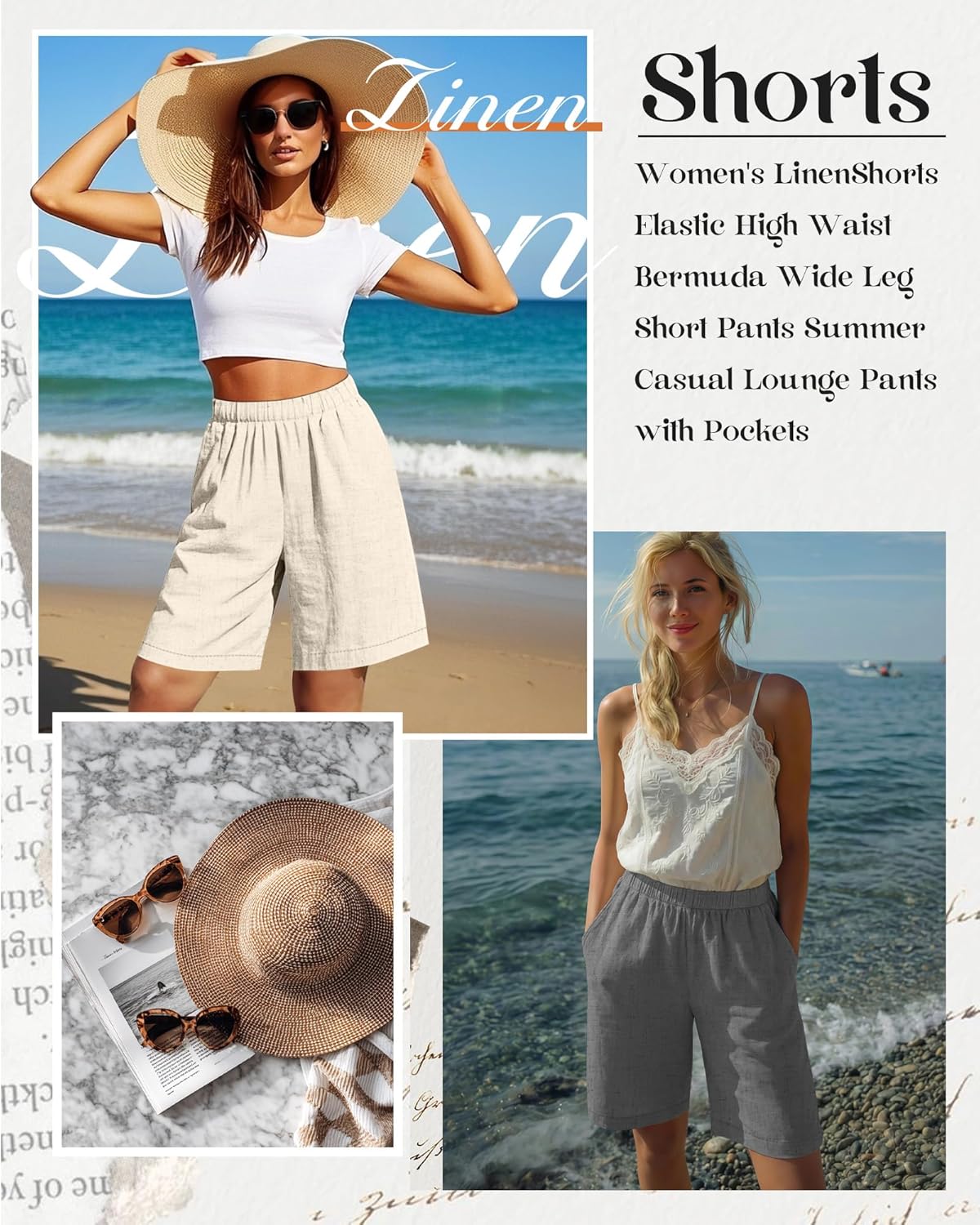 Riyiper 3 Pack Women's Linen Shorts Elastic High Waist Bermuda Wide Leg Summer Casual Lounge Short with Pockets - Image 2