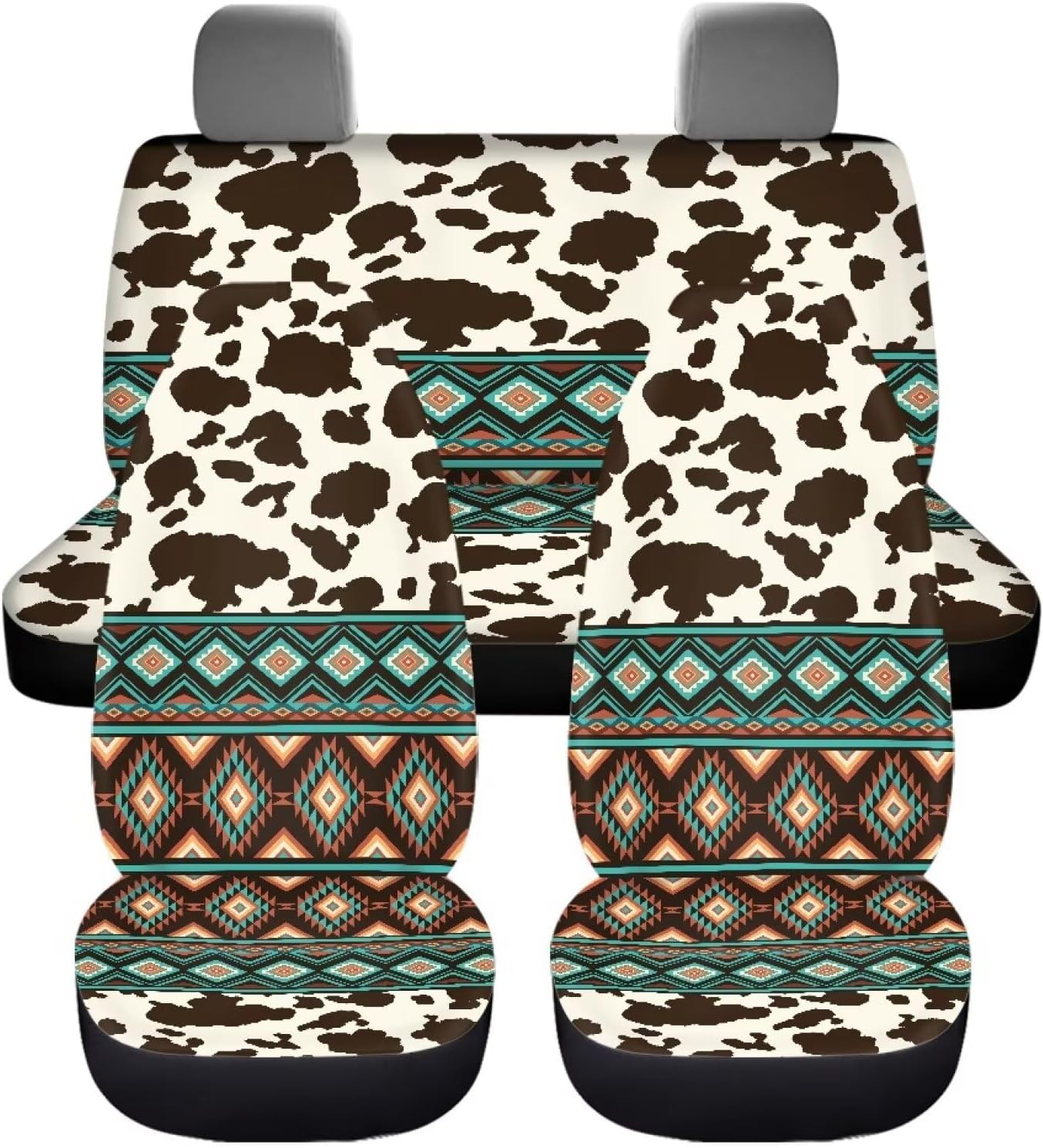 Dreaweet Aztec Seat Covers for Cars SUV Trucks,Brown Cow Print Car Seat Covers Full Set Vehicle Seat Protector Set of 4,Cute Cow Print Car Accessories for Women Interior