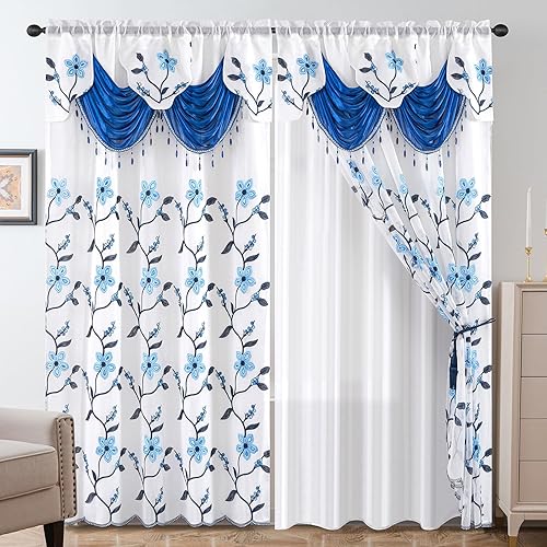 Miniatura 16 de Petrichor Juego de 2 Paneles de Cortinas Transparentes Bordadas - Cortina de Ventana de Lujo con Cenefa Adjunta con Respaldo de Satén y 2 Alzapaños