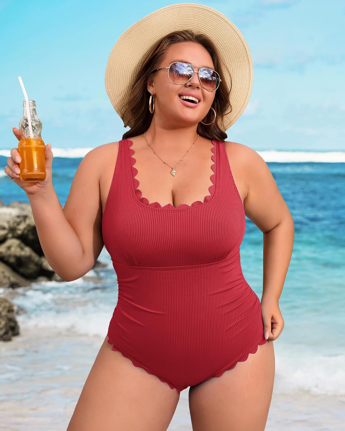 Charmo Plus Size Swimsuit for Women 2026 Tummy Control Scalloped Ribbed One Piece Swimsuits Ruched Modest Bathing Suit - Image 5